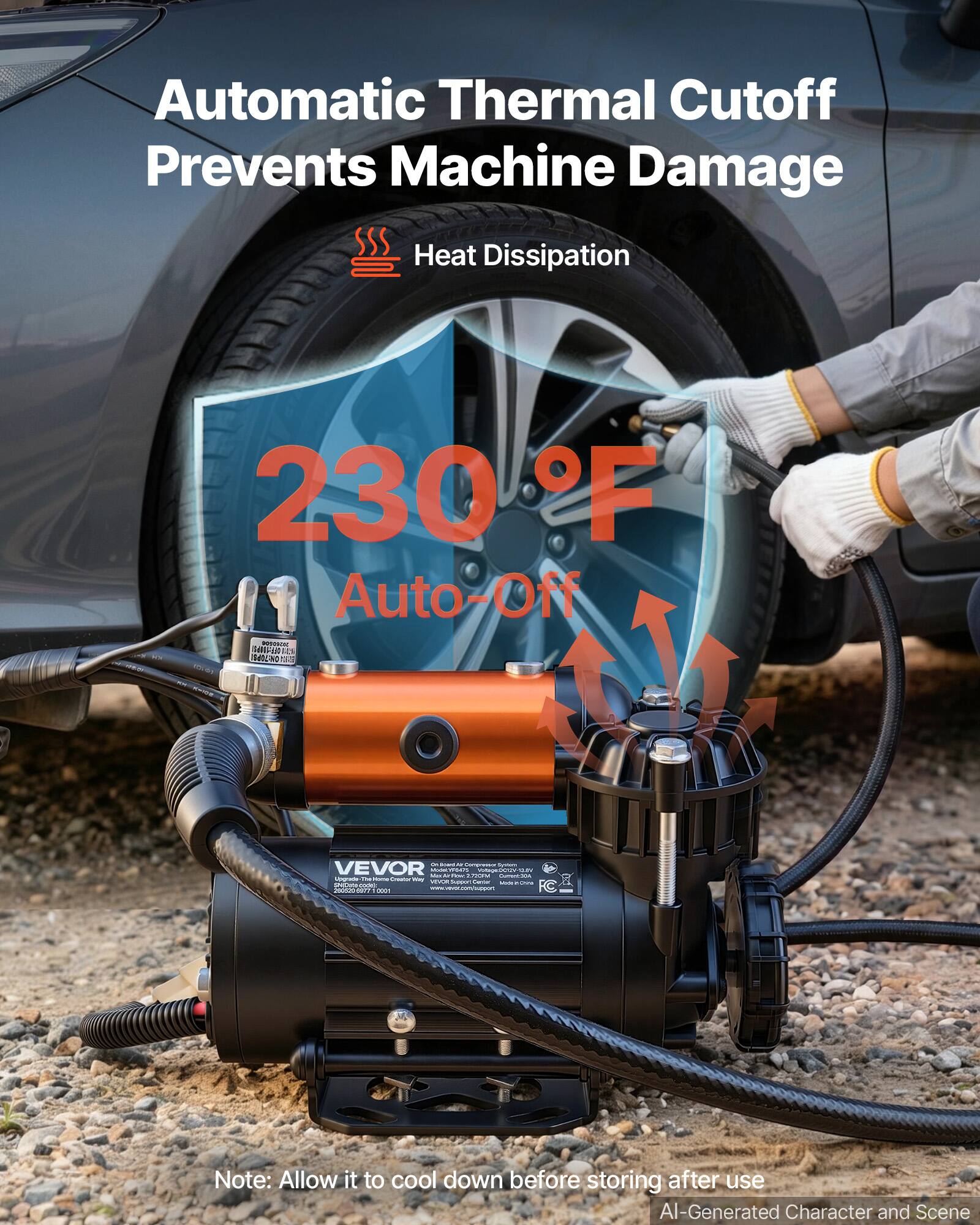 Automatic Thermal Cutoff Prevents Machine Damage  
Heat Dissipation  
230°F Auto-Off  
ON: 7UPSI  
USUDE  
5 - - Compresse proteins VEVOR Mrs MARK .. 167 MAN INMAGES COMPIONS - SLAY Finn JULK Lingrade The PRIME Fronst YOU FEVOR Support  
MAK UNITA CHICAMA conder NOCO ODICE ooa www.vevise.com/support.  
Note: Allow it to cool down before storing after use  
AI-Generated Character and Scene