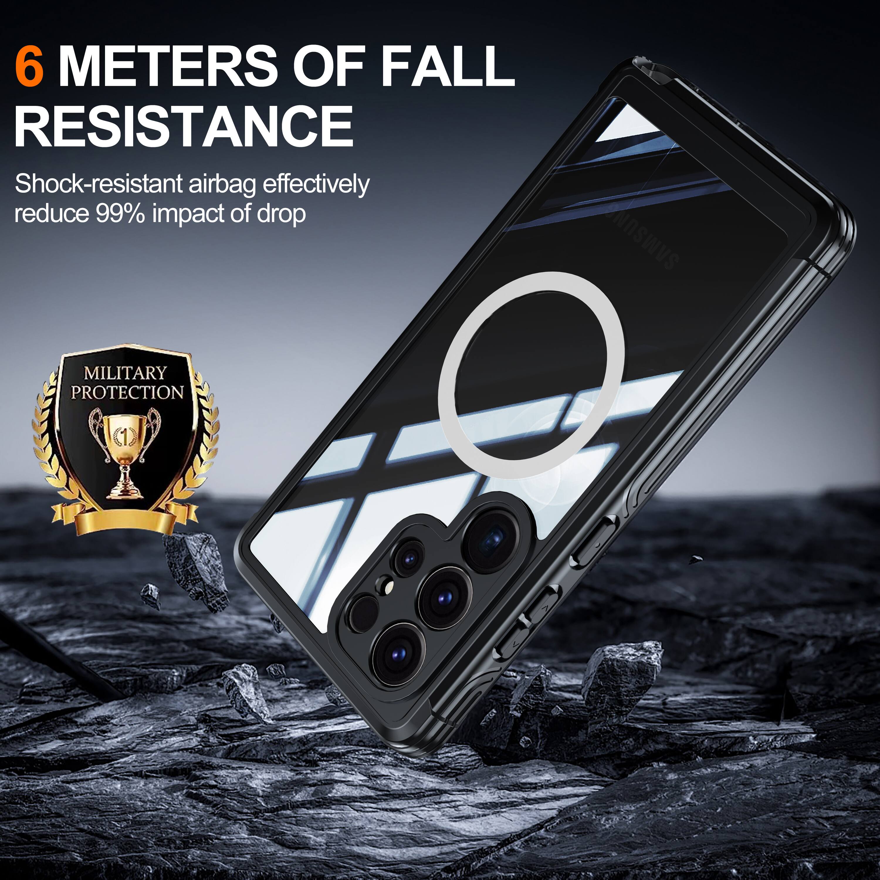 6 METERS OF FALL RESISTANCE  
Shock-resistant airbag effectively reduce 99% impact of drop  
NOSWUS MILITARY PROTECTION