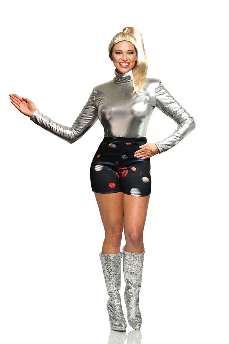 Front. Seeing Red - SNL Space Shorts Costume Complete with Wig and Top | Women's - Black.