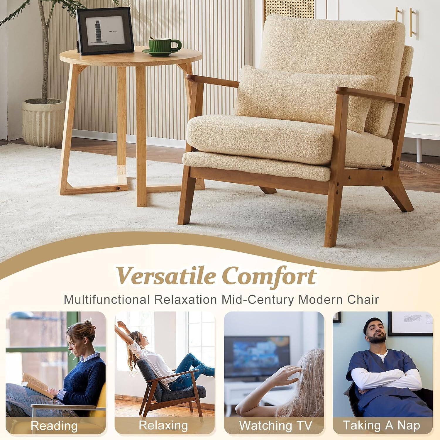 Versatile Comfort  
Multifunctional Relaxation Mid-Century Modern Chair

Reading  
Relaxing  
Watching TV  
Taking A Nap