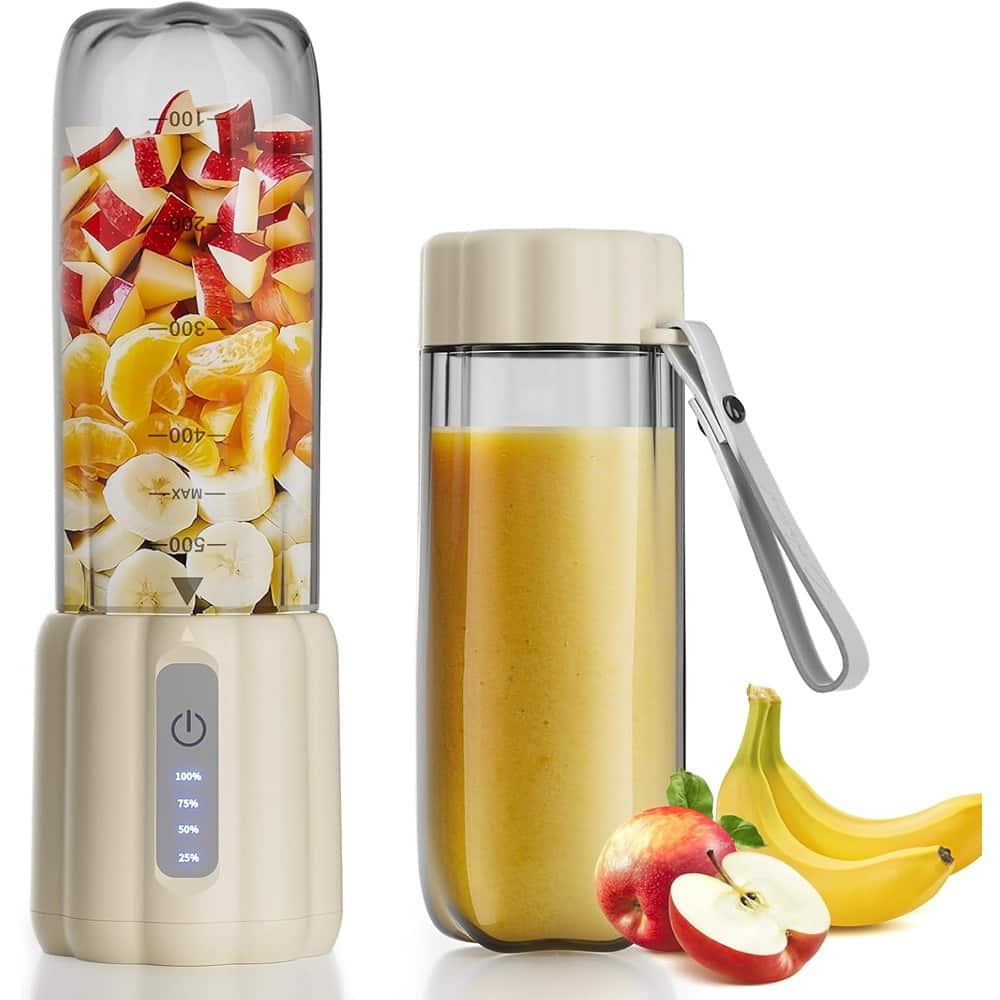 Schertz - 17oz Portable Blender with 6 Blades, USB-C Rechargeable Personal Smoothie & Juice Maker, Compact Mini Blender for Home - Beige