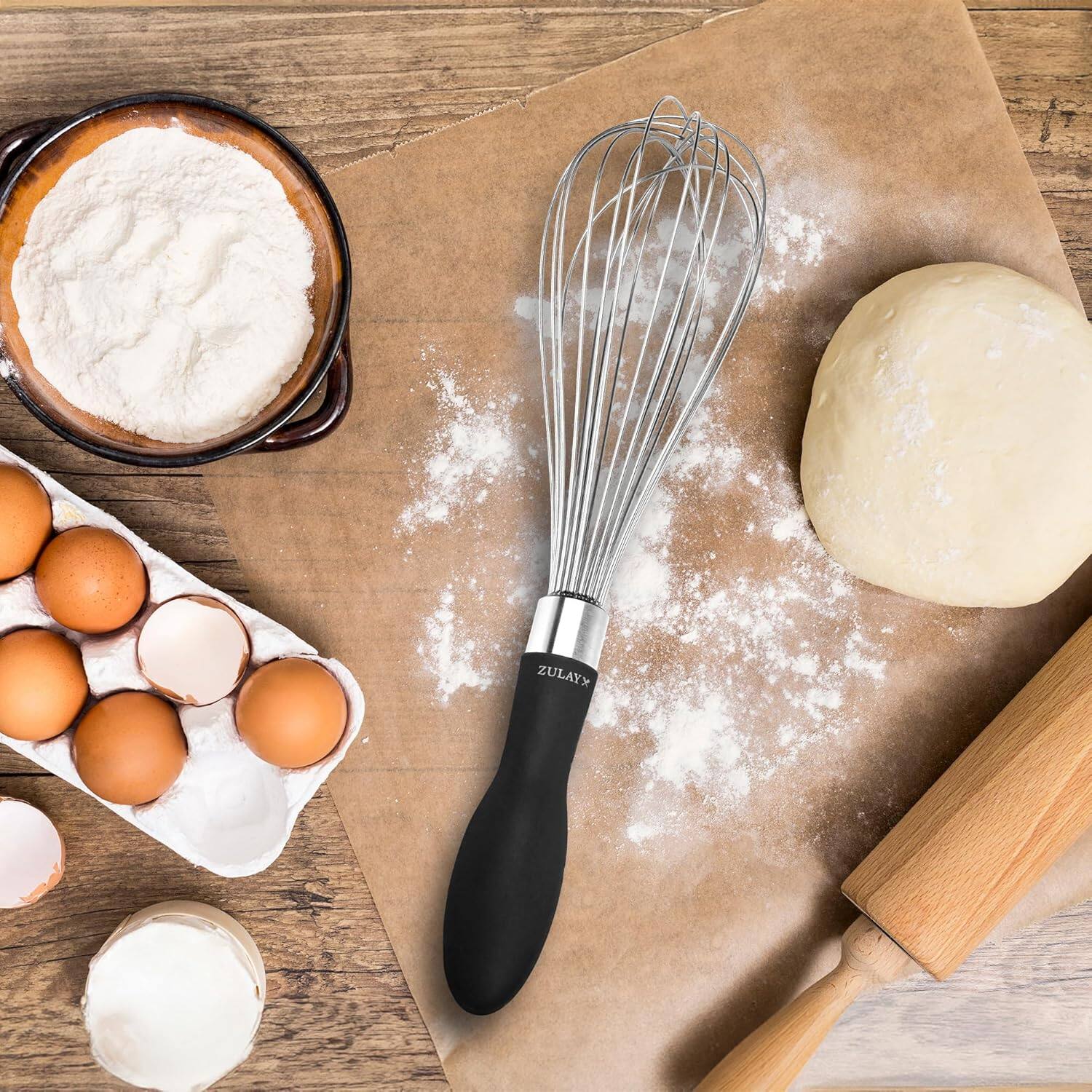 Angle. Zulay Kitchen - Zulay Kitchen Stainless Steel Balloon Whisk 12 Inch – Heavy Duty and Durable Wire Whisk with Non-Slip Silicone Handle - Black.