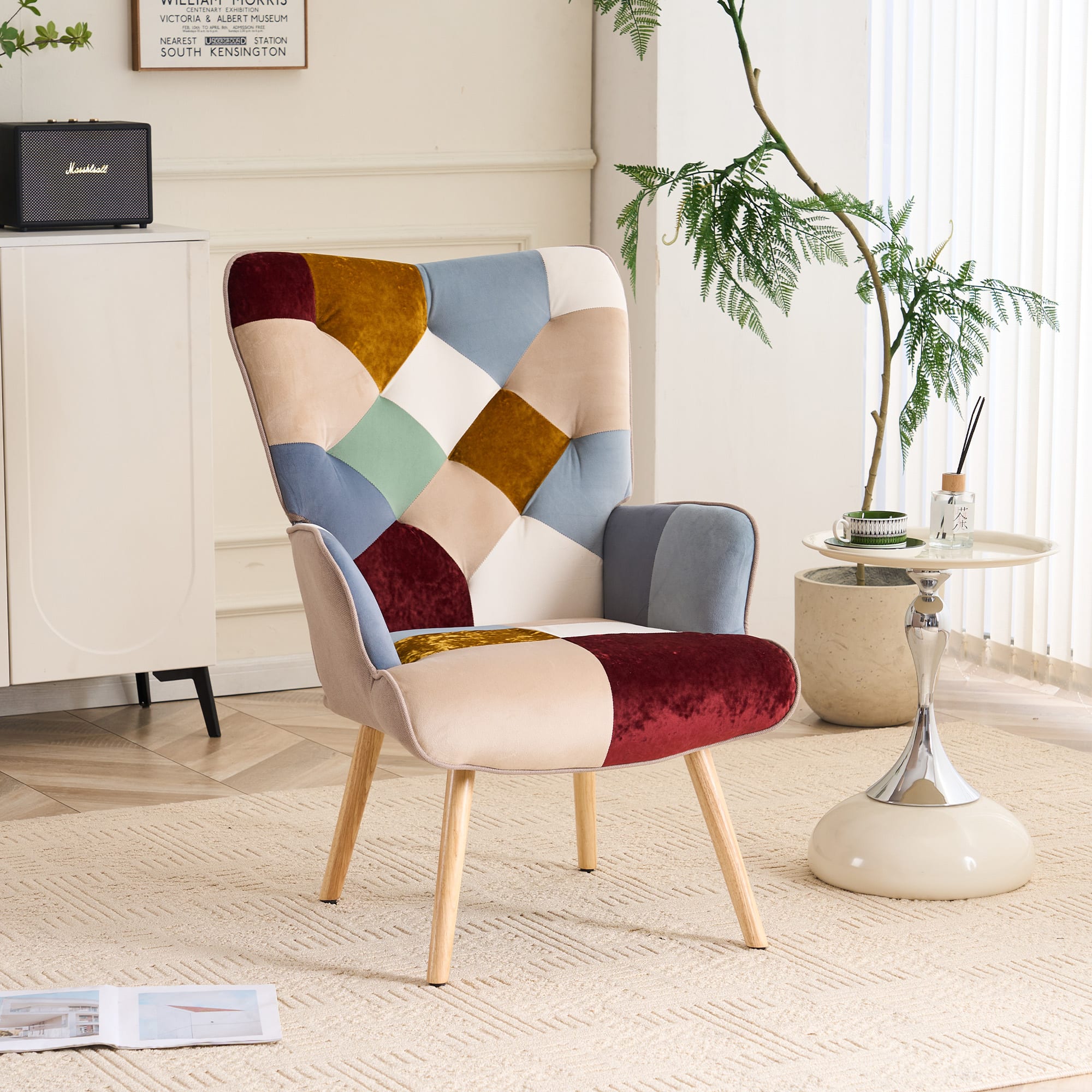 FERPIT - Patchwork Upholstered Wingback Accent Chair with Rubberwood Legs - Gold Burgundy Patchwork