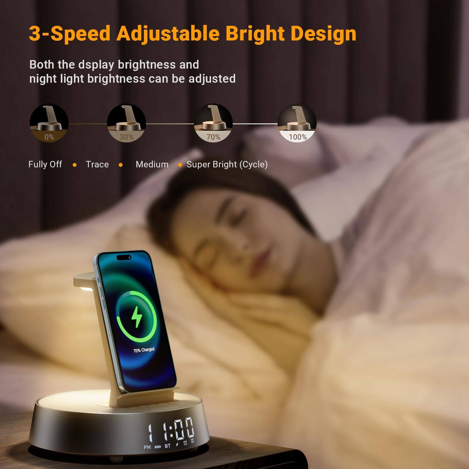 3-Speed Adjustable Bright Design

Both the display brightness and night light brightness can be adjusted (Cycle)

0% 30% 70% 100%

Fully Off Trace Medium Super Bright

75% Charged

1:00 PM

BT