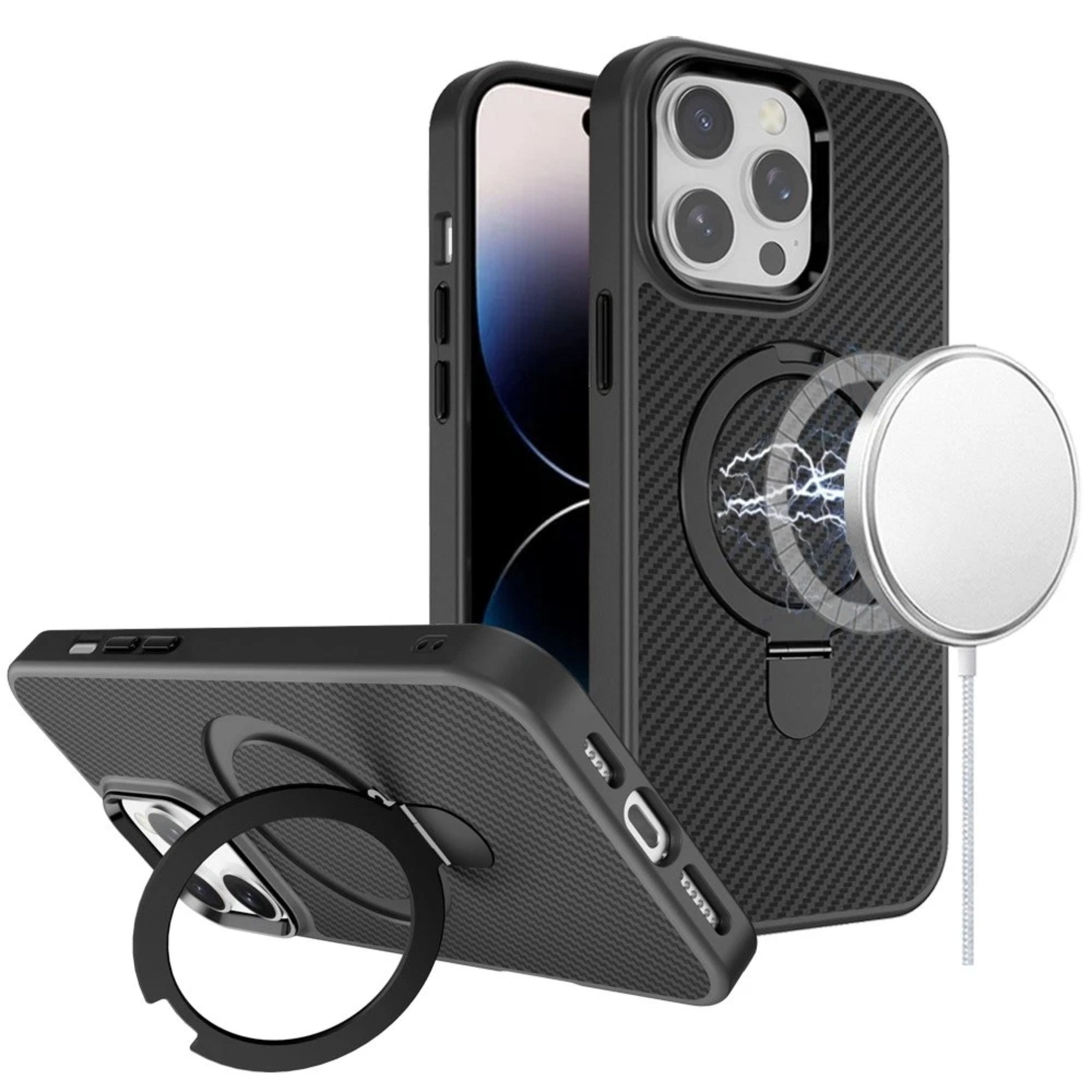 Kitcheniva - Carbon Fiber Magnetic Ring Stand Case For iPhone 14 Pro Max - Black