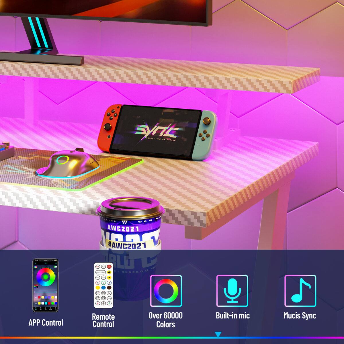 SVrt | i lDNRE WoP AWC2021 #AWC2021 - - KNOCKOU - . - J - . .2 APP Control Remote Control Over 60000 Colors Built-in mic Music Sync