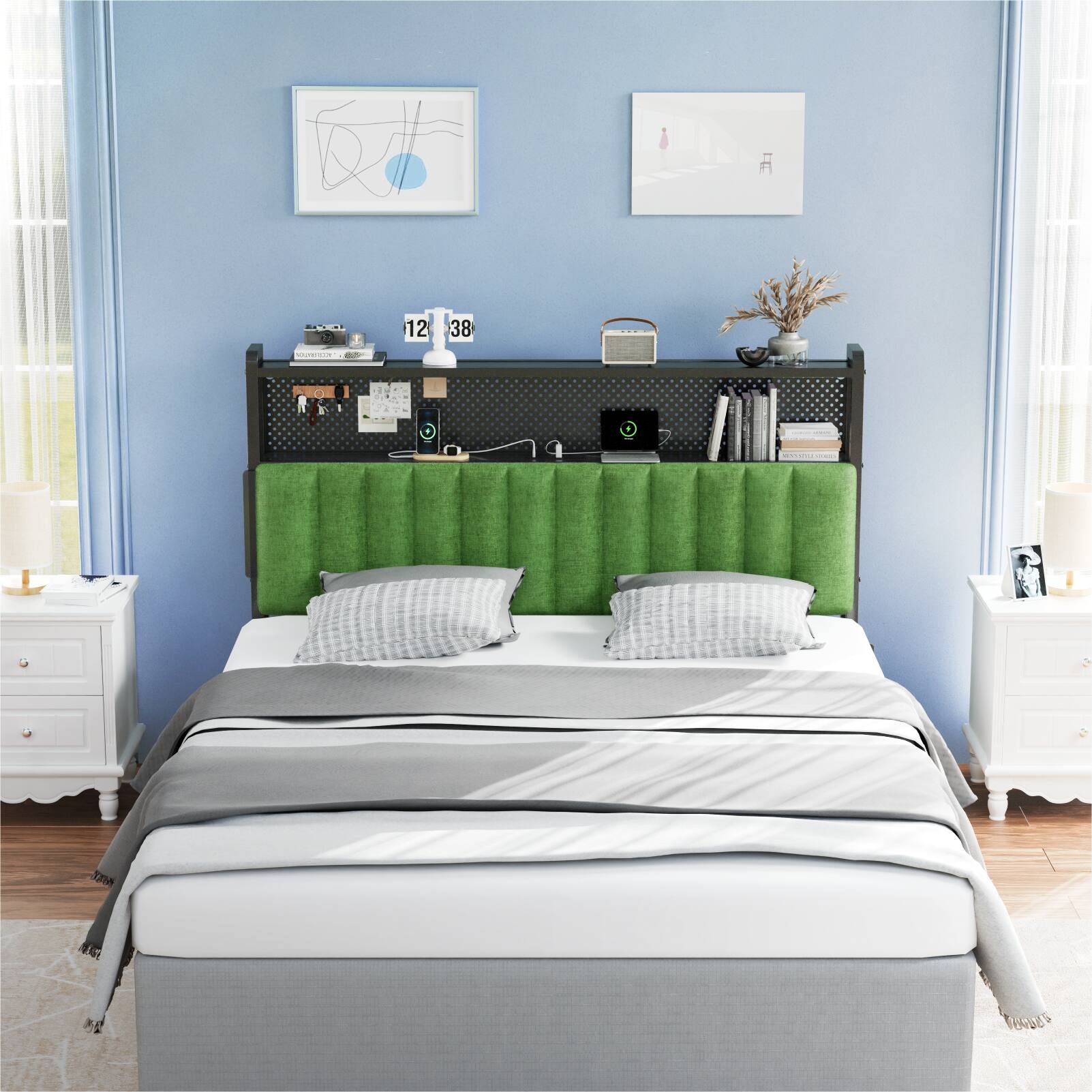 Alt View 9. Winado - Queen Size Adjustable Upholstered Headboard Only with 2 Tier Shelves and Pegboard with Charging Stations and LED Lights - Chenille & Forest Green.