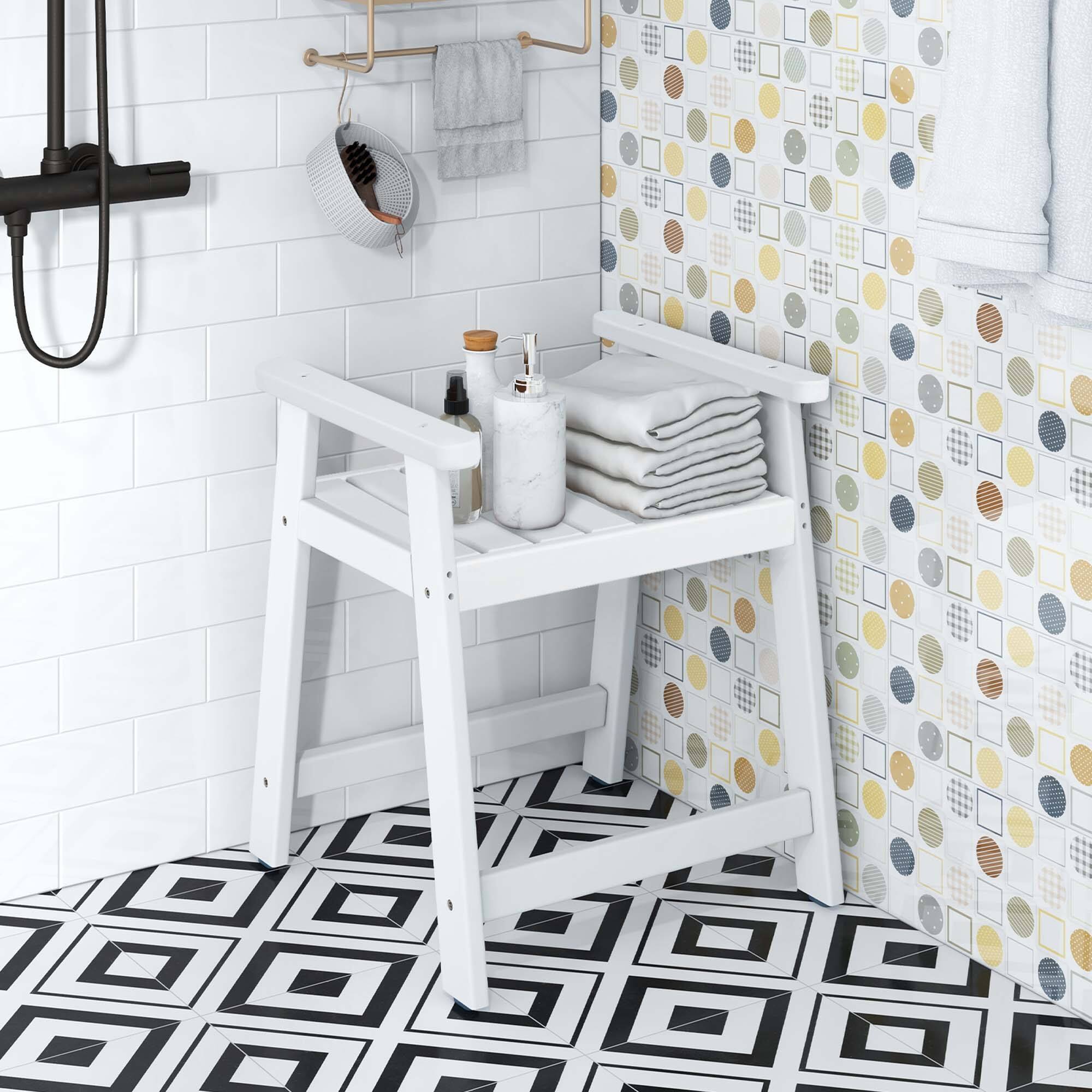 Back. Costway - Heavy Duty Waterproof HDPE Shower Bench Bathroom Shower Chair with Armrest - White.