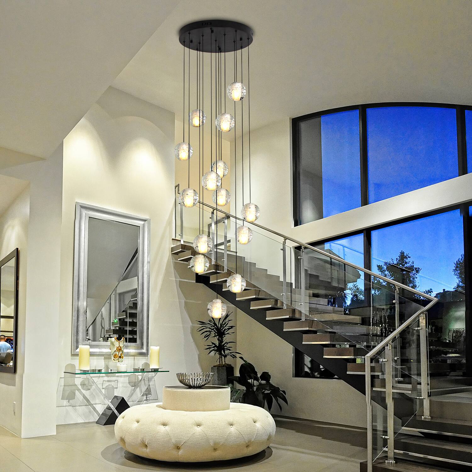 Angle. Umeiluce - 14 - Light Modern Chandelier Crystal High Ceiling Hanging Pendant with Remote Control - Matte Black.