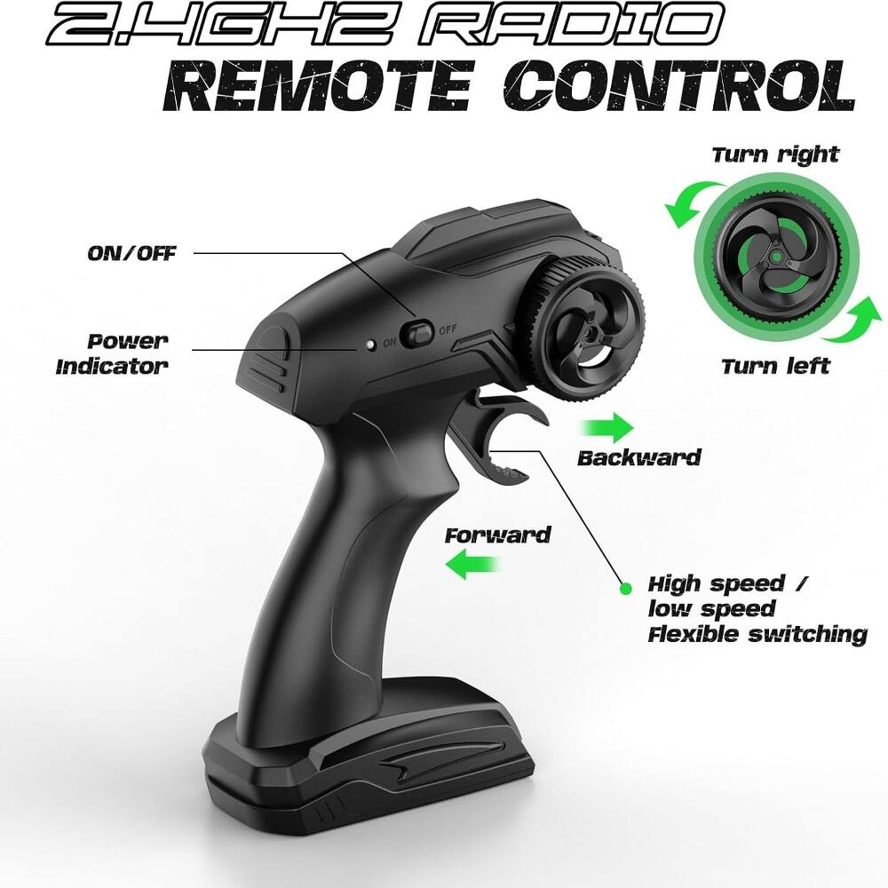 2.4GHz RADIO REMOTE CONTROL

- ON/OFF
- Power Indicator
- Turn right
- Turn left
- Backward
- Forward
- High speed / low speed
- Flexible switching