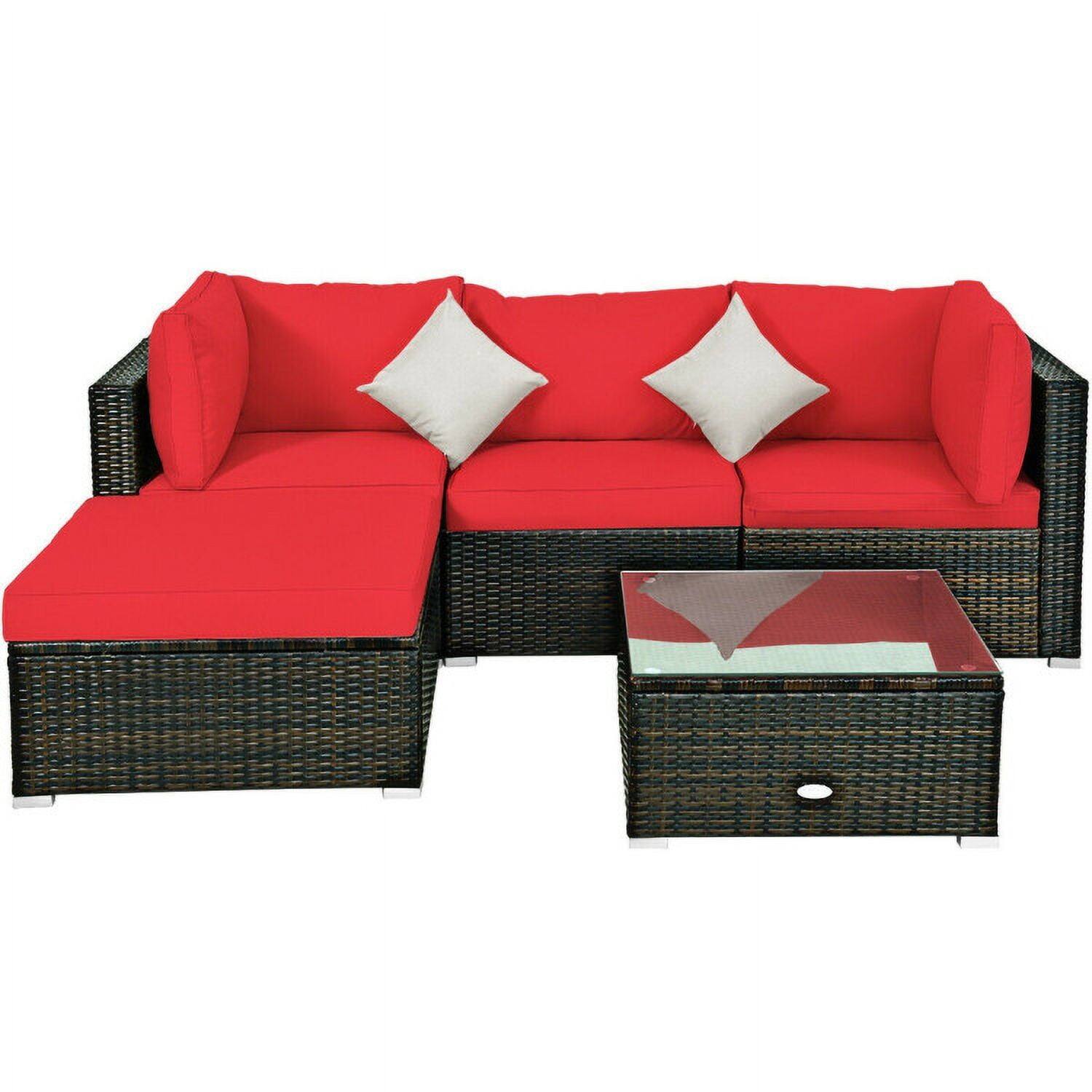 Angle. Kadyn - 5 Pcs Outdoor Patio Rattan Furniture Set Sectional Conversation with Navy Cushions-Red, Patio Seating Conversation - Red.