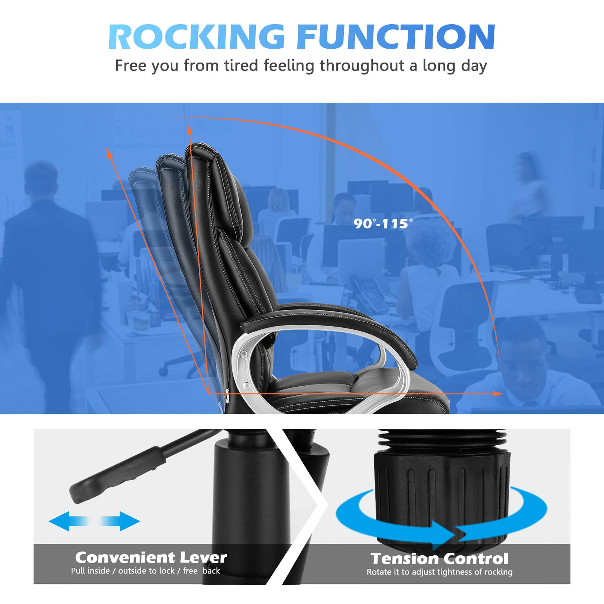 ROCKING FUNCTION: Free you from tired feeling throughout a long day. 90-115 Convenient Lever Pull inside outside to lock/free back. Tension Control: Rotate it to adjust the tightness of rocking.