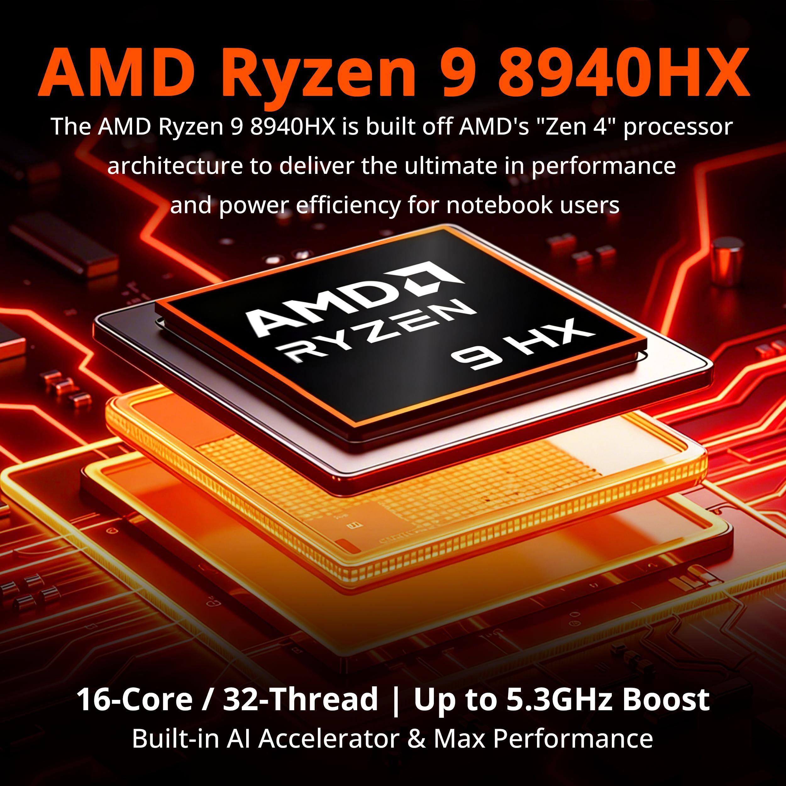 AMD Ryzen 9 8940HX

The AMD Ryzen 9 8940HX is built off AMD's "Zen 4" processor architecture to deliver the ultimate in performance and power efficiency for notebook users.

16-Core / 32-Thread | Up to 5.3GHz Boost
Built-in AI Accelerator & Max Performance
