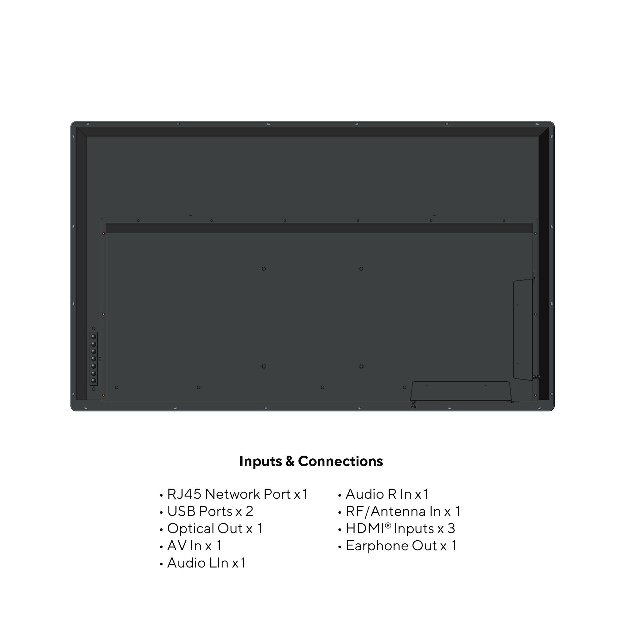 Inputs & Connections

- RJ45 Network Port x1
- USB Ports x 2
- Optical Out x 1
- AV In x 1
- Audio L In x1
- Audio R In x1
- RF/Antenna In x 1
- HDMI Inputs x 3
- Earphone Out x 1