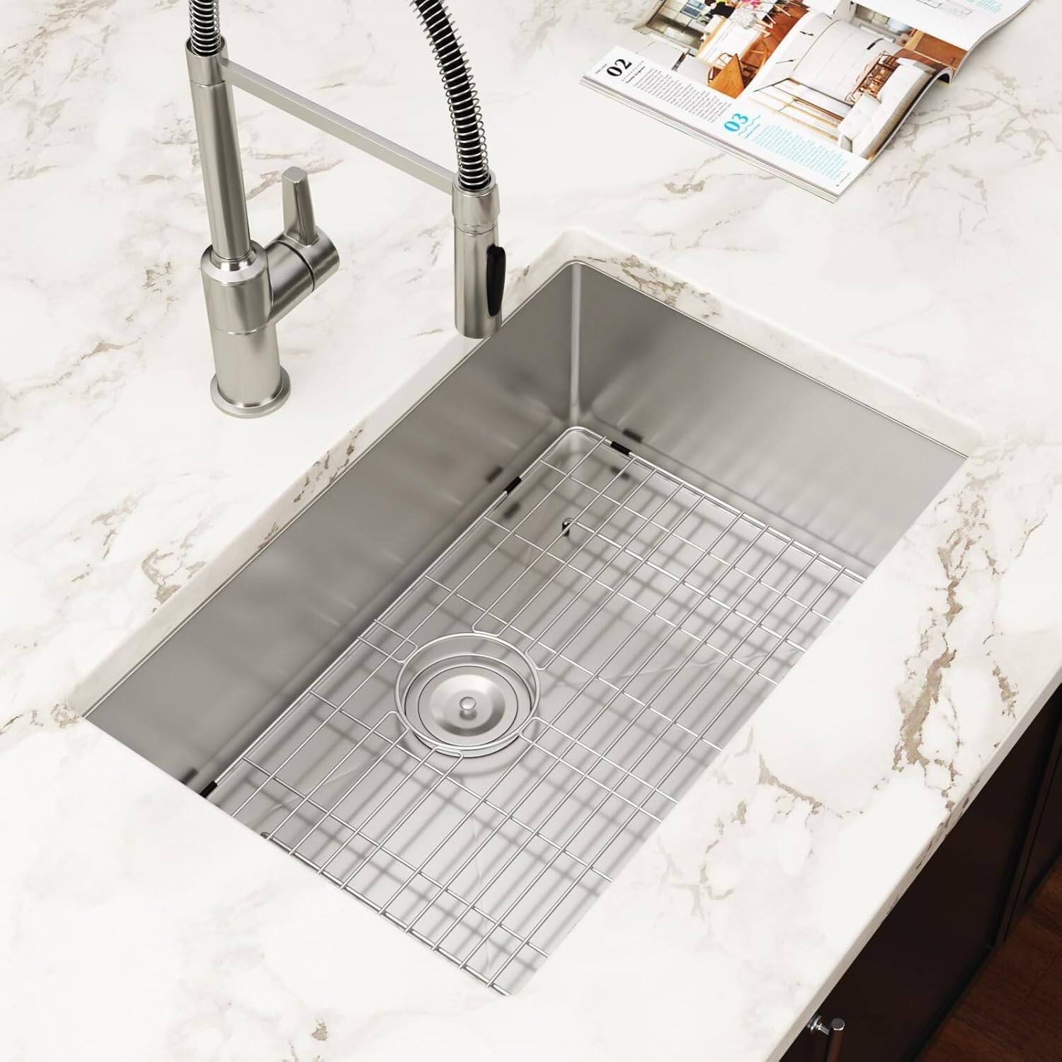 Angle. MOOSOO - 26 Inch Undermount Kitchen Sink 16 Gauge Stainless Steel Single Bowl Deep Kitchen Sinks Under Counter Basin 26"x18"x9" - Silver.