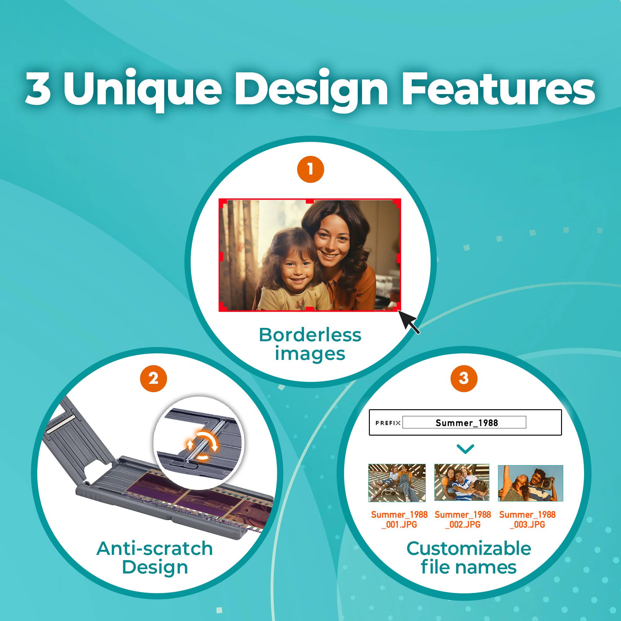 3 Unique Design Features

1. Borderless images
2. Anti-scratch Design
3. Customizable file names

PREFIX: Summer_1988

- Summer_1988_001.JPG
- Summer_1988_002.JPG
- Summer_1988_003.JPG