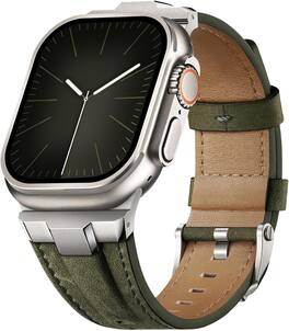 Core Tech - Genuine Leather Band for Apple Watch 49/46/45/44/42mm (Series 3), Adjustable - Titanium/Khaki Green
