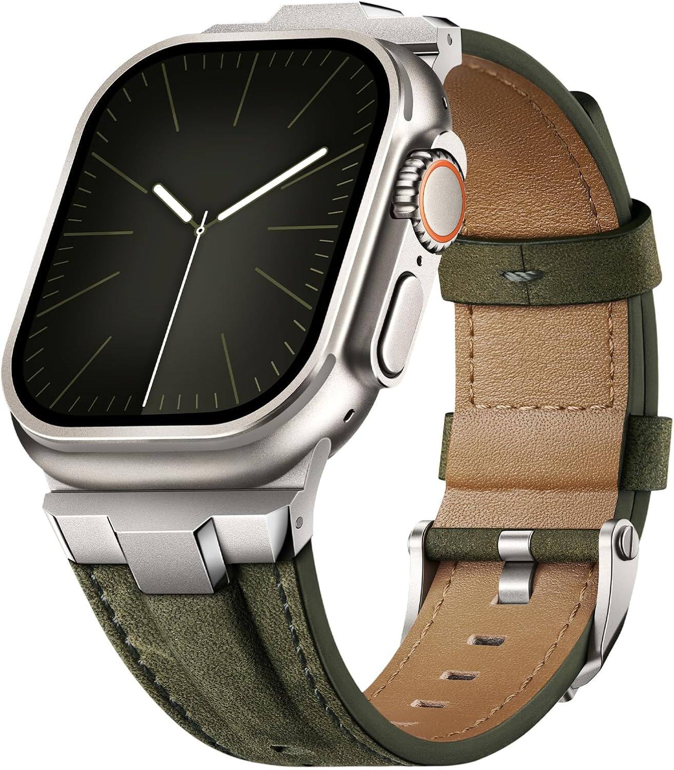 Front. Core Tech - Genuine Leather Band for Apple Watch 49/46/45/44/42mm (Series 3), Adjustable - Titanium/Khaki Green.