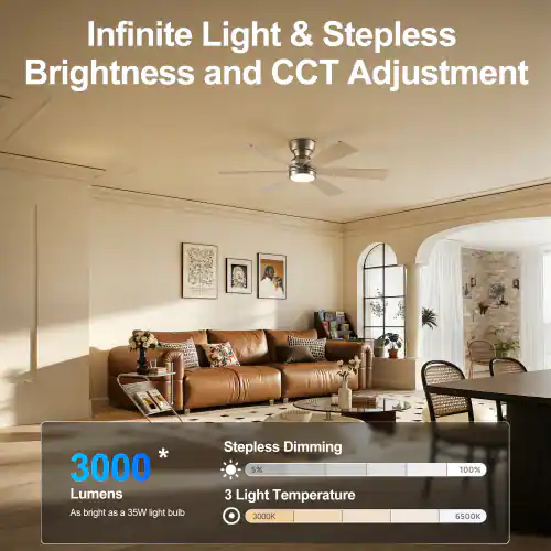 Infinite Light & Stepless Brightness and CCT Adjustment  
* 3000 Lumens  
As bright as a 35W light bulb  
Stepless Dimming 5% - 100%  
3 Light Temperature 3000K - 6500K