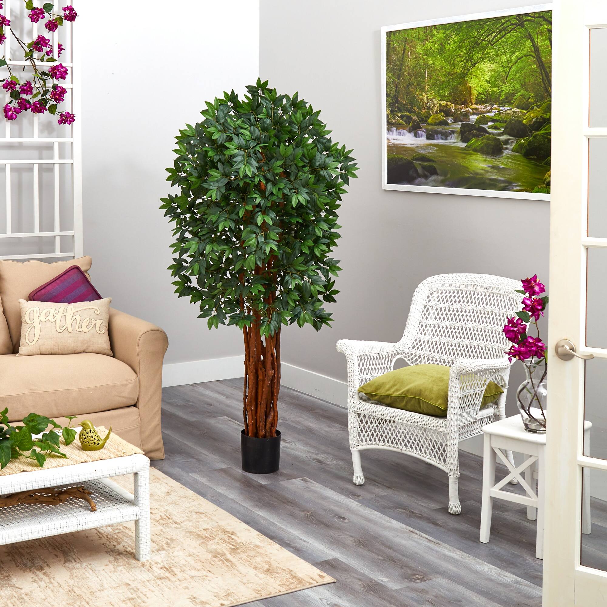 Angle. BreeBe - 5.5' Lychee Artificial Tree with Natural Trunk - Green.