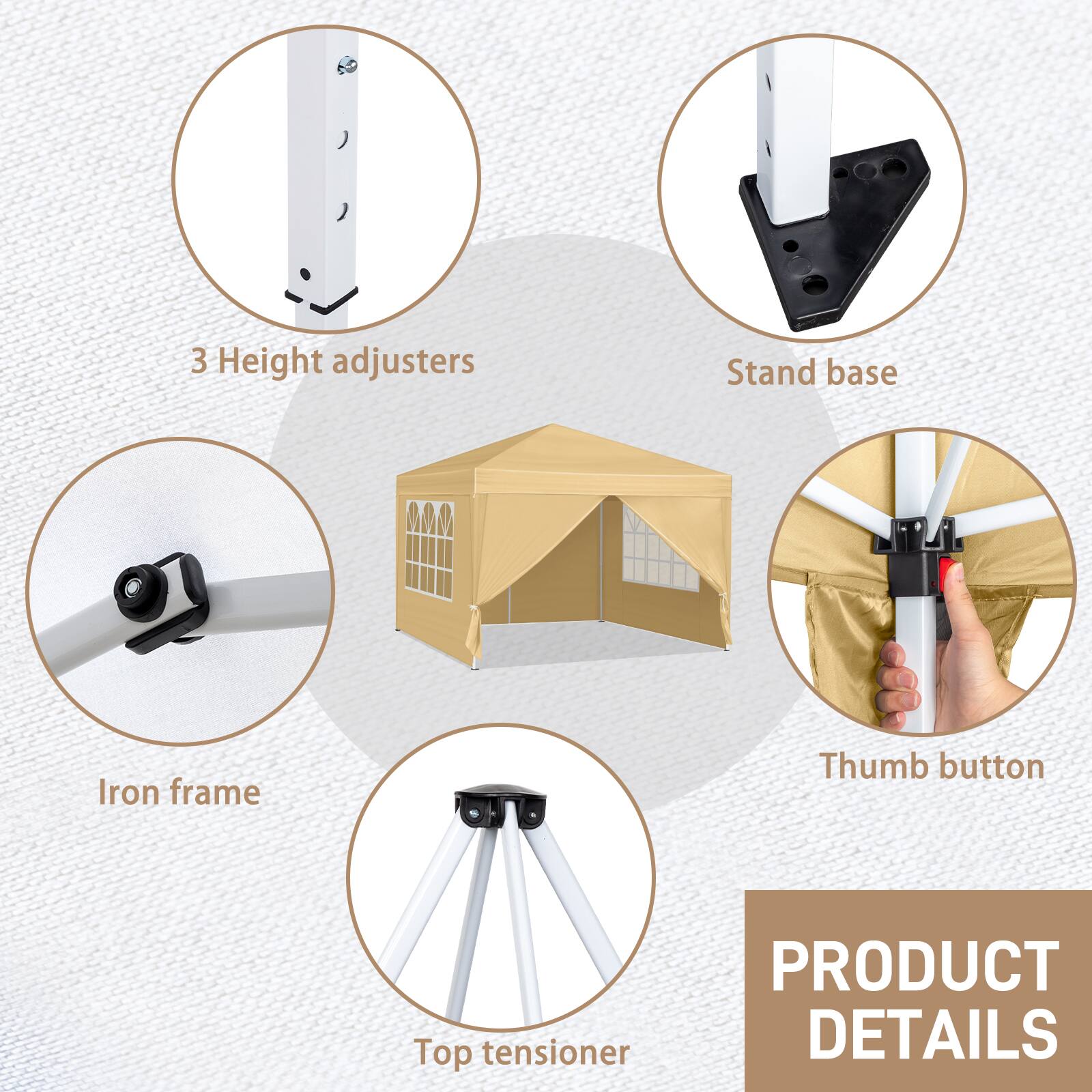 - 3 Height adjusters
- Stand base
- Iron frame
- Thumb button
- Top tensioner

PRODUCT DETAILS