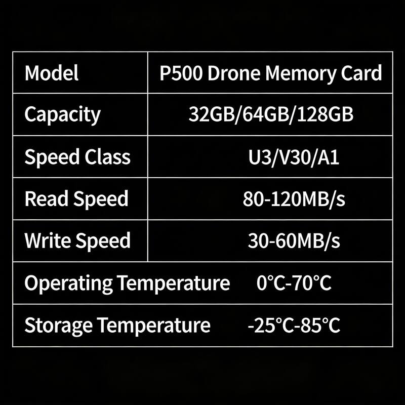 Model: P500 Drone Memory Card  
Capacity: 32GB/64GB/128GB  
Speed Class: U3/V30/A1  
Read Speed: 80-120MB/s  
Write Speed: 30-60MB/s  
Operating Temperature: 0°C-70°C  
Storage Temperature: -25°C-85°C