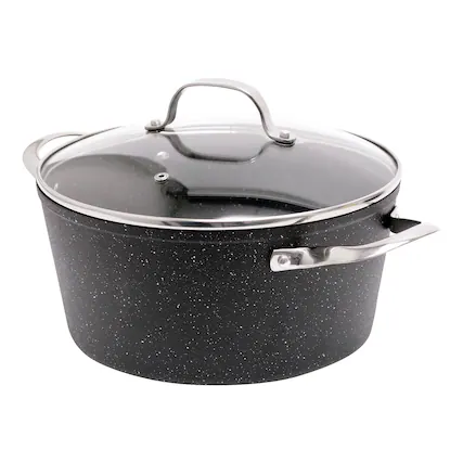 Front. THE ROCK by Starfrit - 6-Quart Stockpot Casserole with Glass Lid, Stainless Steel Handles - Black.