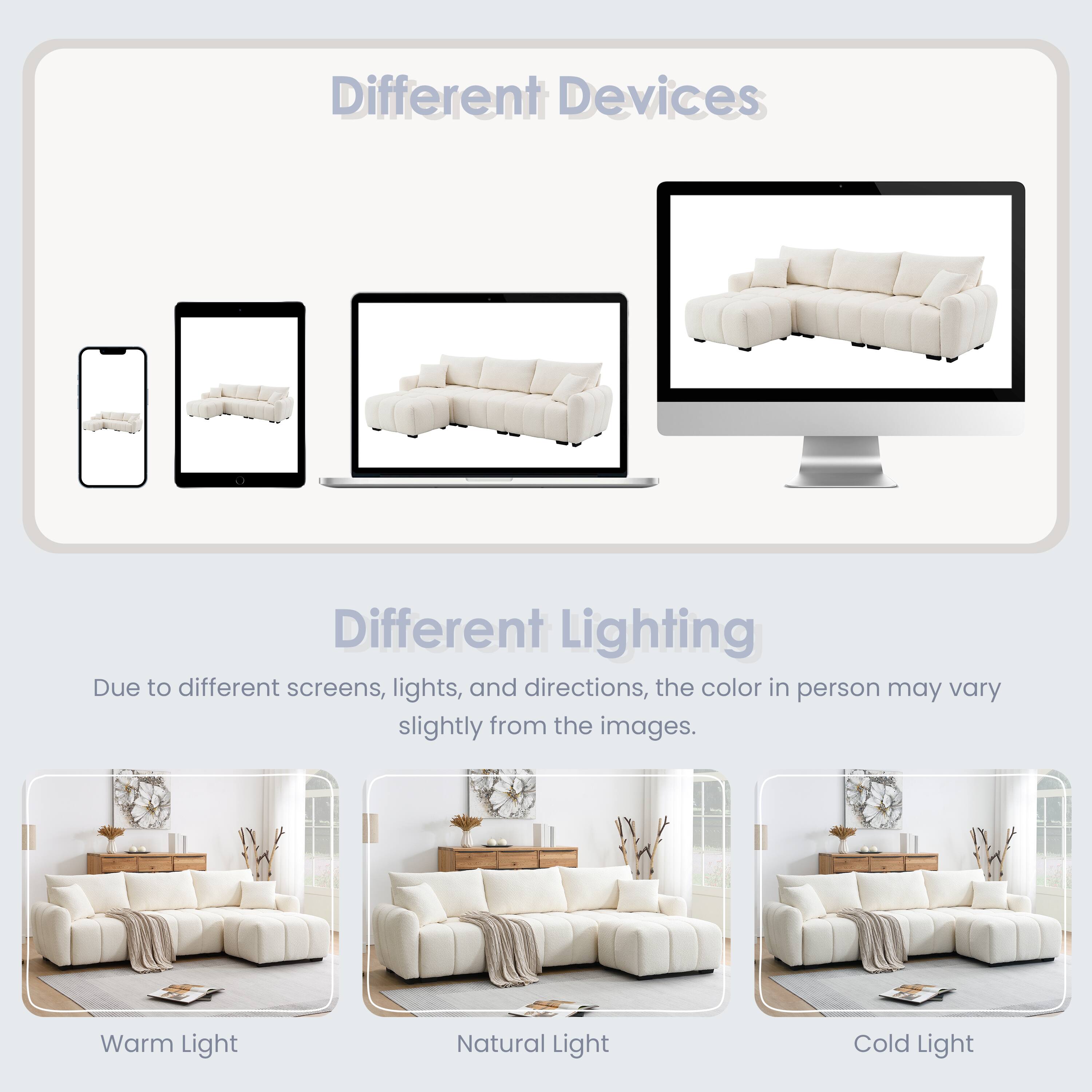 Different Devices  
Different Lighting  

Due to different screens, lights, and directions, the color in person may vary slightly from the images.  

Warm Light  
Natural Light  
Cold Light