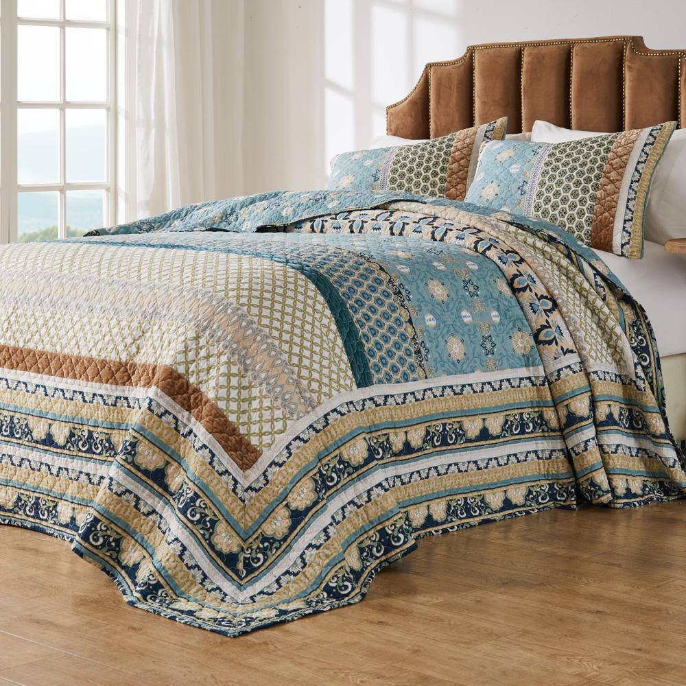 Alt View 1. Greenland Home Fashions - Greenland Home Fashions Thalia Stylized Florals and Geometric Prints Bohemian 3 Piece Bedspread Set Queen Blue - Blue.