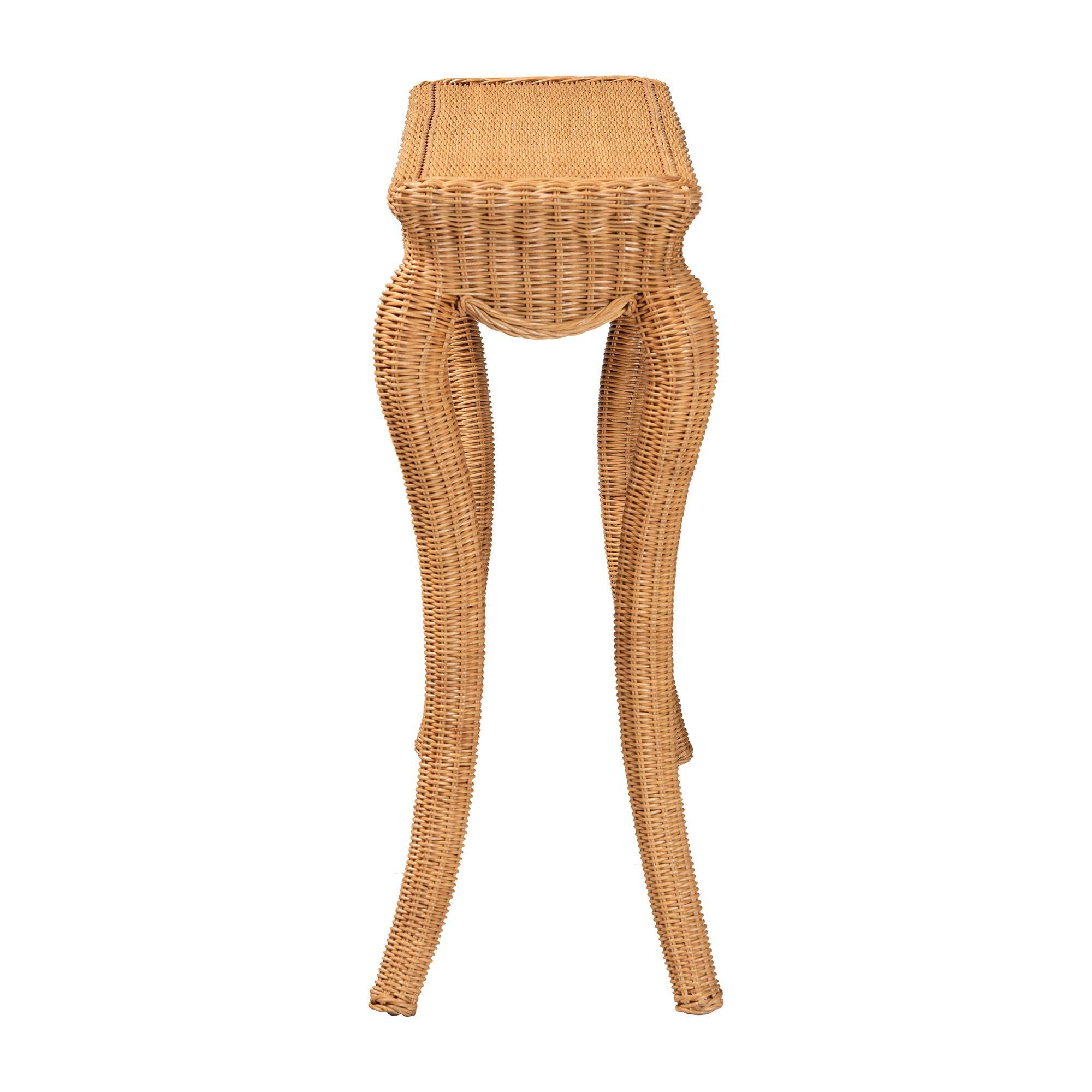 Left. bali & pari - Deborah Natural Rattan Console Table - Handwoven Wicker Accent Table with Cabriole Legs, Scalloped Coastal Cottage - Light Honey.