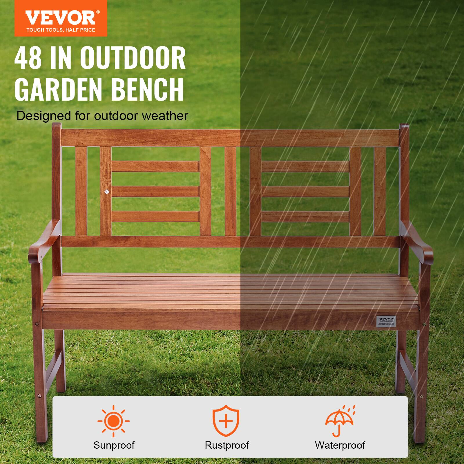 VEVOR TOUGH TOOLS, HALF PRICE 48 IN OUTDOOR GARDEN BENCH Designed for outdoor weather Sunproof + Rustproof Waterproof