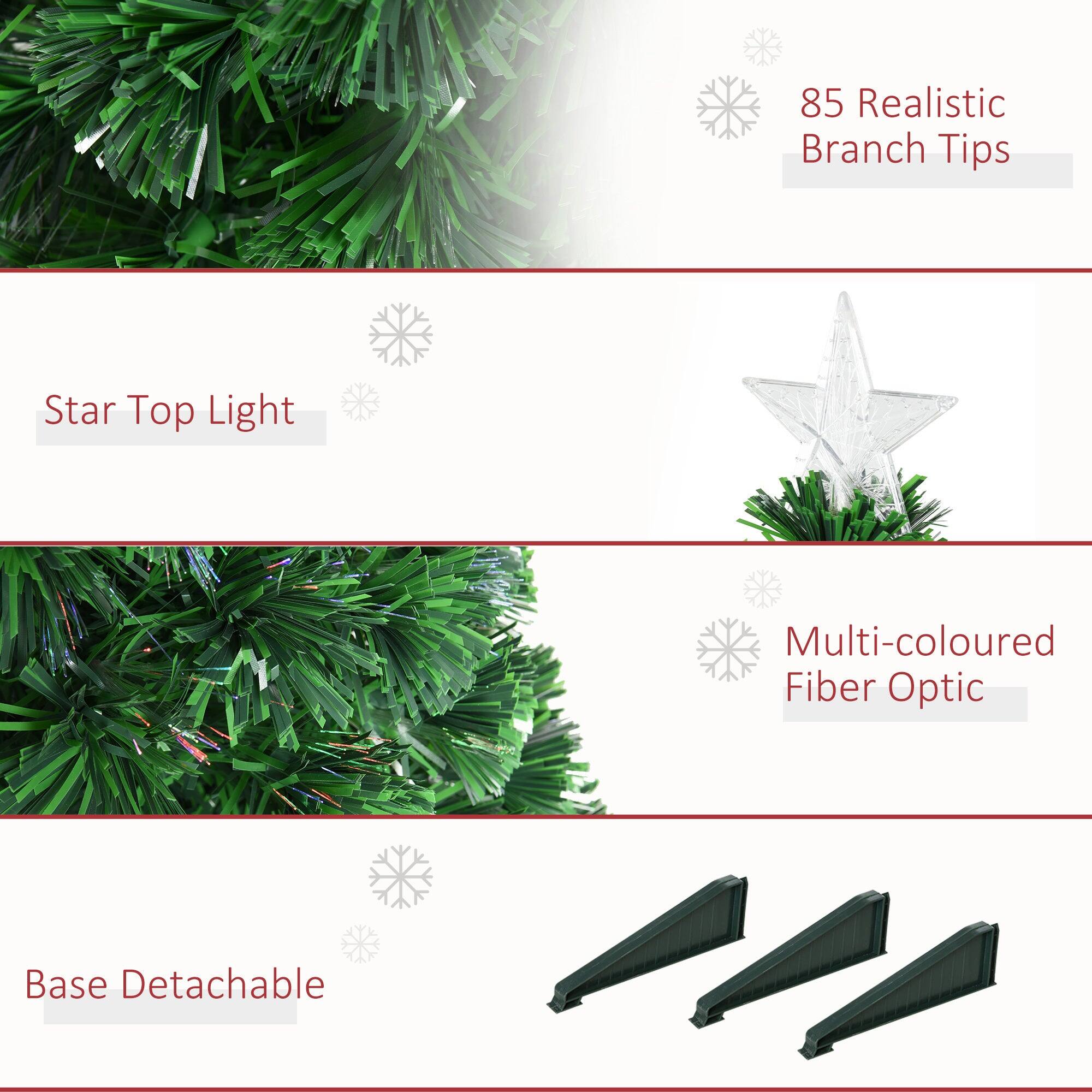 - 85 Realistic Branch Tips
- Star Top Light
- Multi-coloured Fiber Optic
- Base Detachable