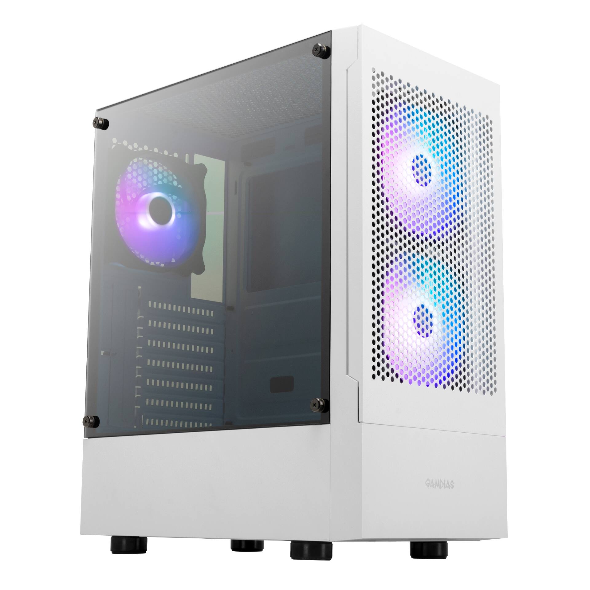 Front. GAMDIAS - TALOS E3 MESH White ATX PC Case 3 ARGB fans Tempered Glass Side Panel, 5v 3-pin ARGB, fits GPU 300mm - White.