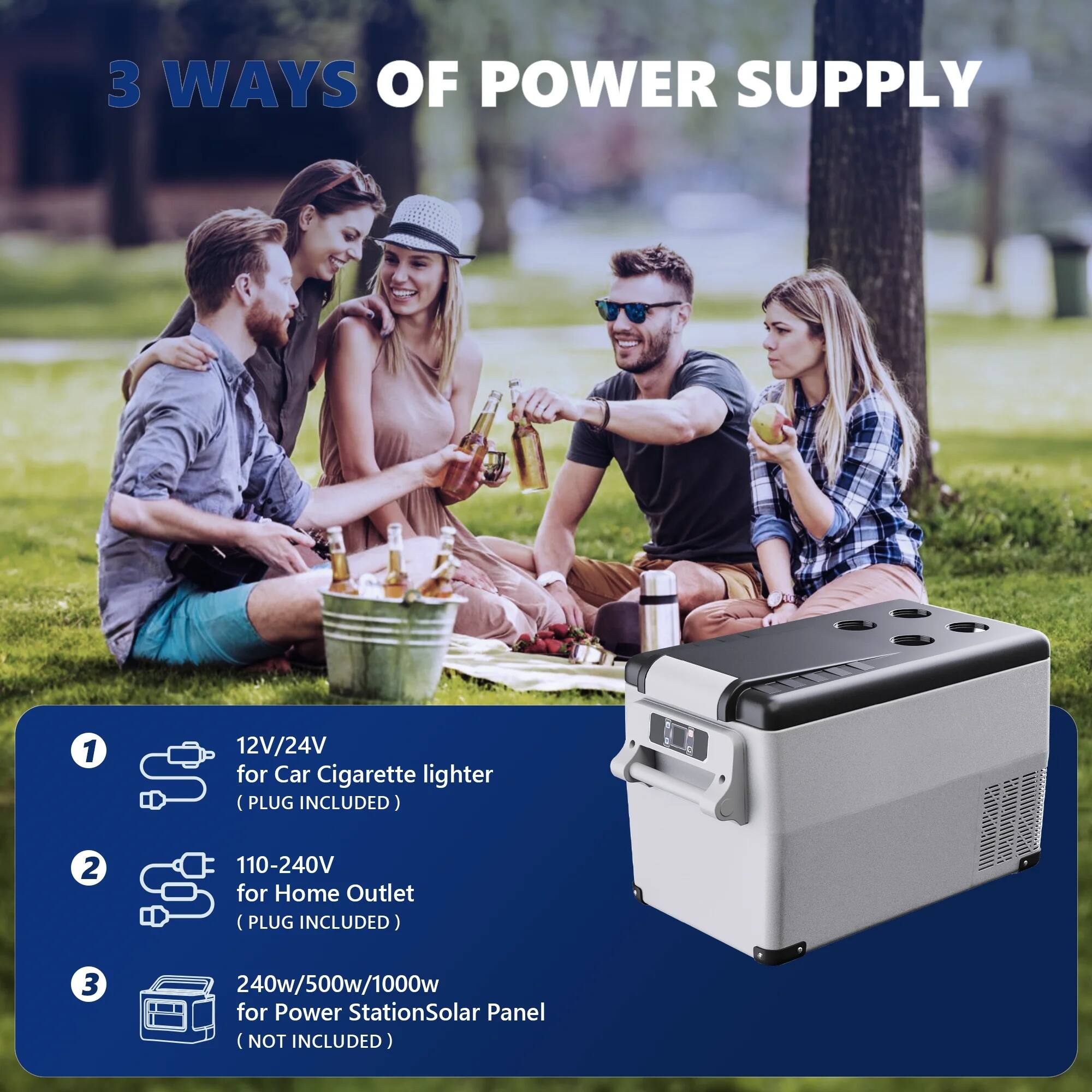 3 WAYS OF POWER SUPPLY

1. 12V/24V for Car Cigarette lighter (PLUG INCLUDED)
2. 110-240V for Home Outlet (PLUG INCLUDED)
3. 240w/500w/1000w for Power Station/Solar Panel (NOT INCLUDED)