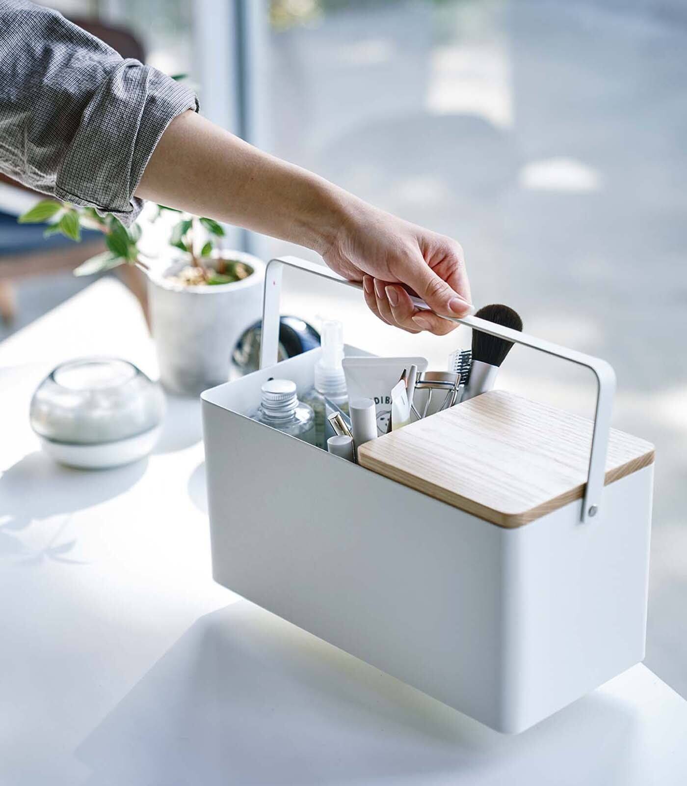 Left. Yamazaki Home - Makeup Organizer with Mirror - Steel + Wood - White.