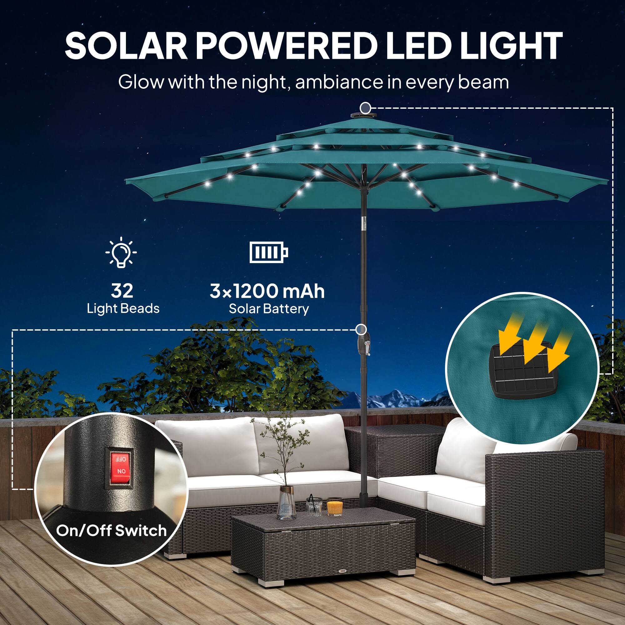 SOLAR POWERED LED LIGHT  
Glow with the night, ambiance in every beam  

- 32 Light Beads  
- 3x 1200 mAh Solar Battery  
- On/Off Switch