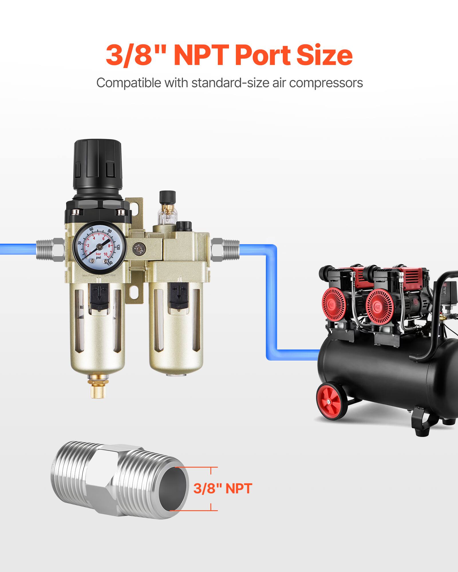 3/8" NPT Port Size  
Compatible with standard-size air compressors