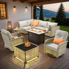 Ovios - 9 PCS Patio Furniture with 42" Fire Pit, All-Weather Rattan Sectional Sofa, Swivel Chair & Solar Table for Backyard - Gray
