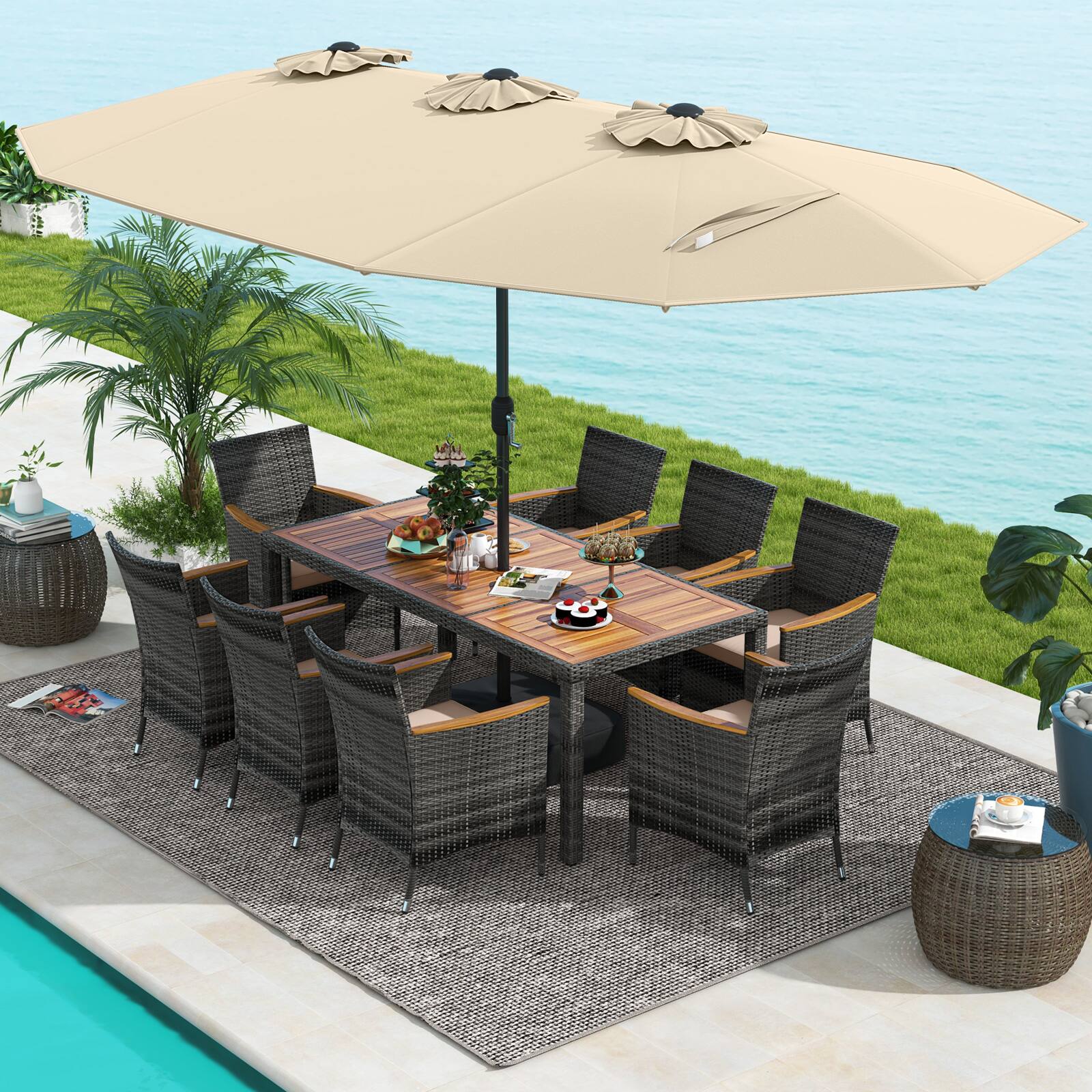 Alt View 3. Costway - 10 Pieces Patio Wicker Dining Set with Double-Sided Patio Umbrella 8 Armchairs - Beige,,Mix Brown.