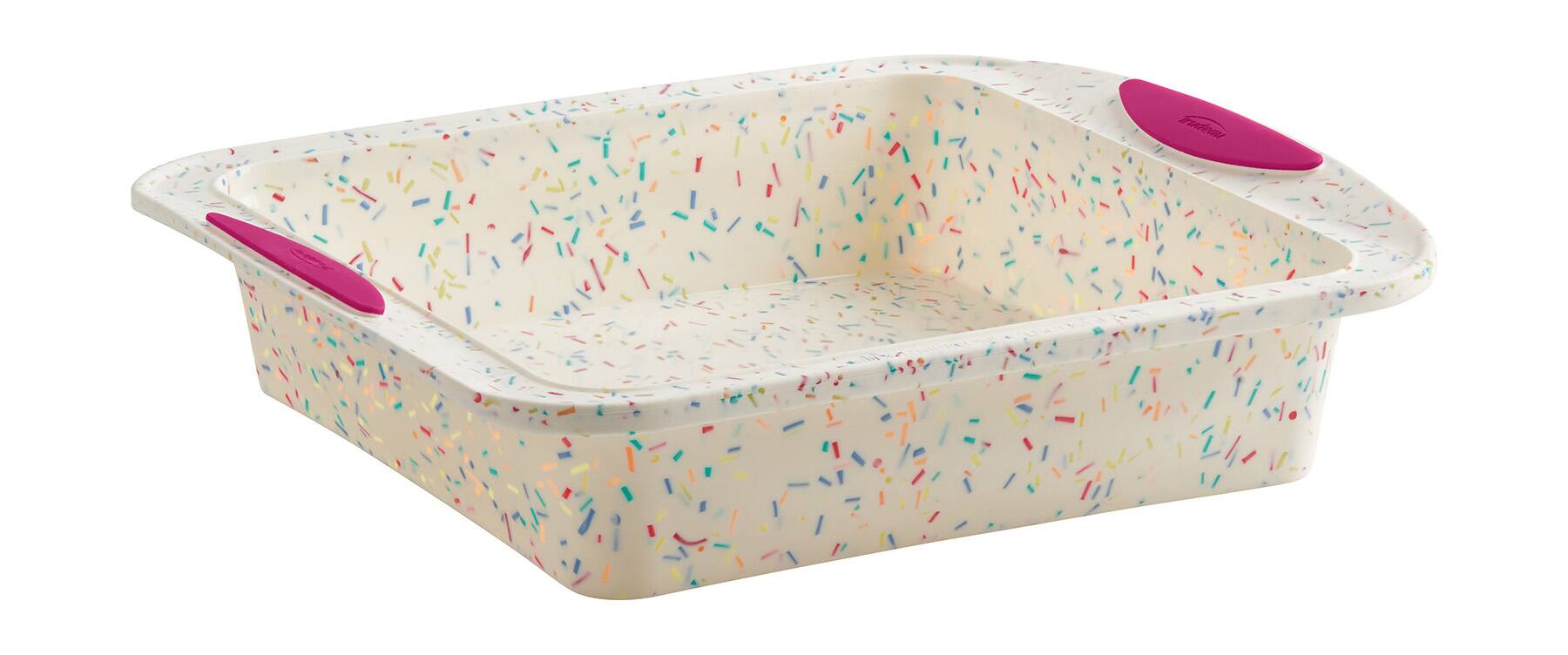 Front. Trudeau - Structure Silicone 8" x 8" Square Cake Pan, Confetti/Fuchsia - White.