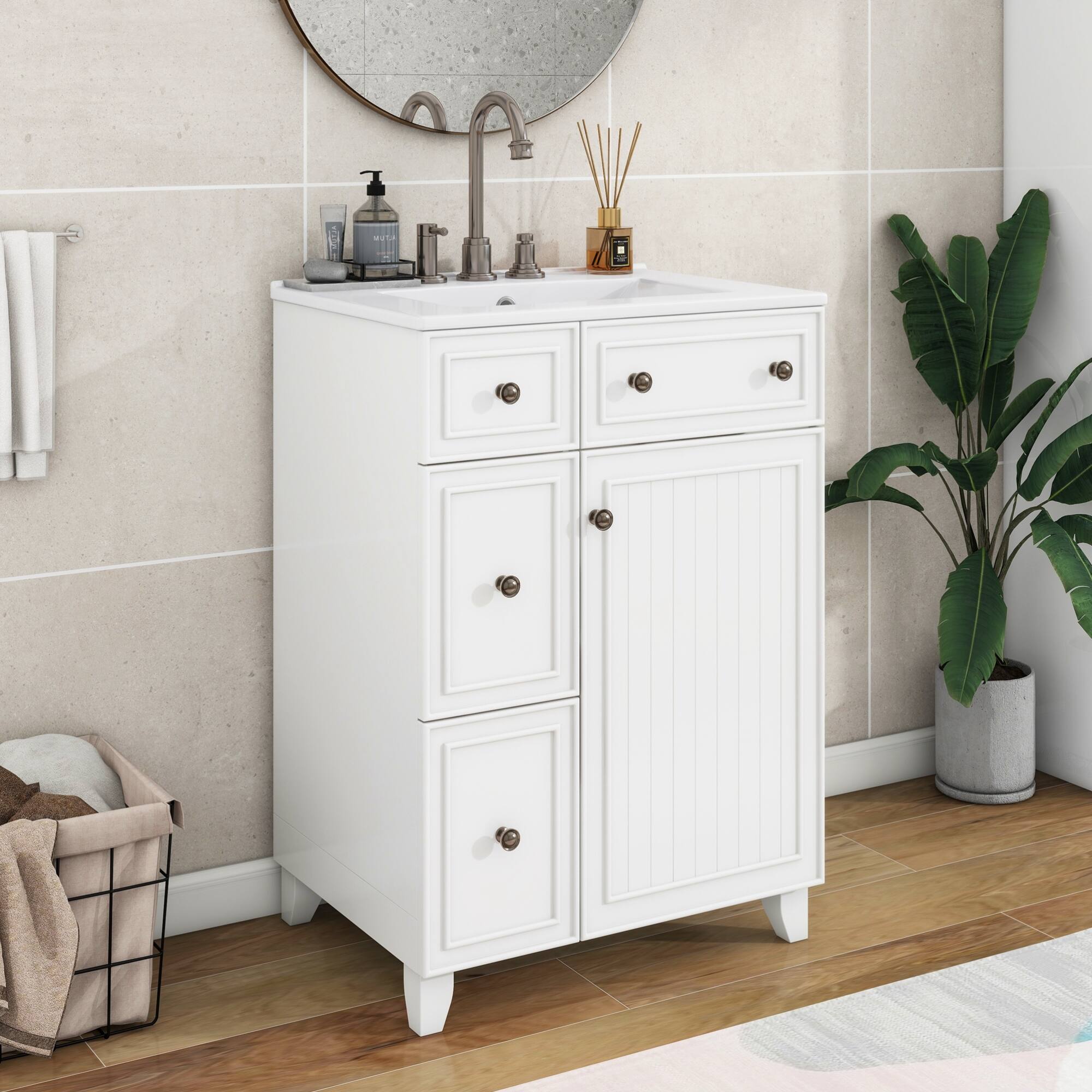 Left. ELEMENT ACE - Compact 24-Inch Bathroom Vanity Cabinet with Ceramic Sink and Ample Storage Space - White.