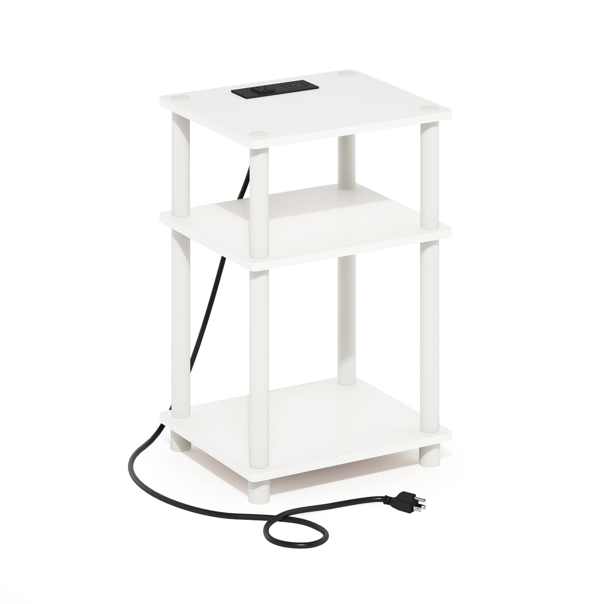Front. Furinno - Just 3-Tier Turn-N-Tube Open Storage Side Table, End Table with USB and Type-C Charging Station - White/White.