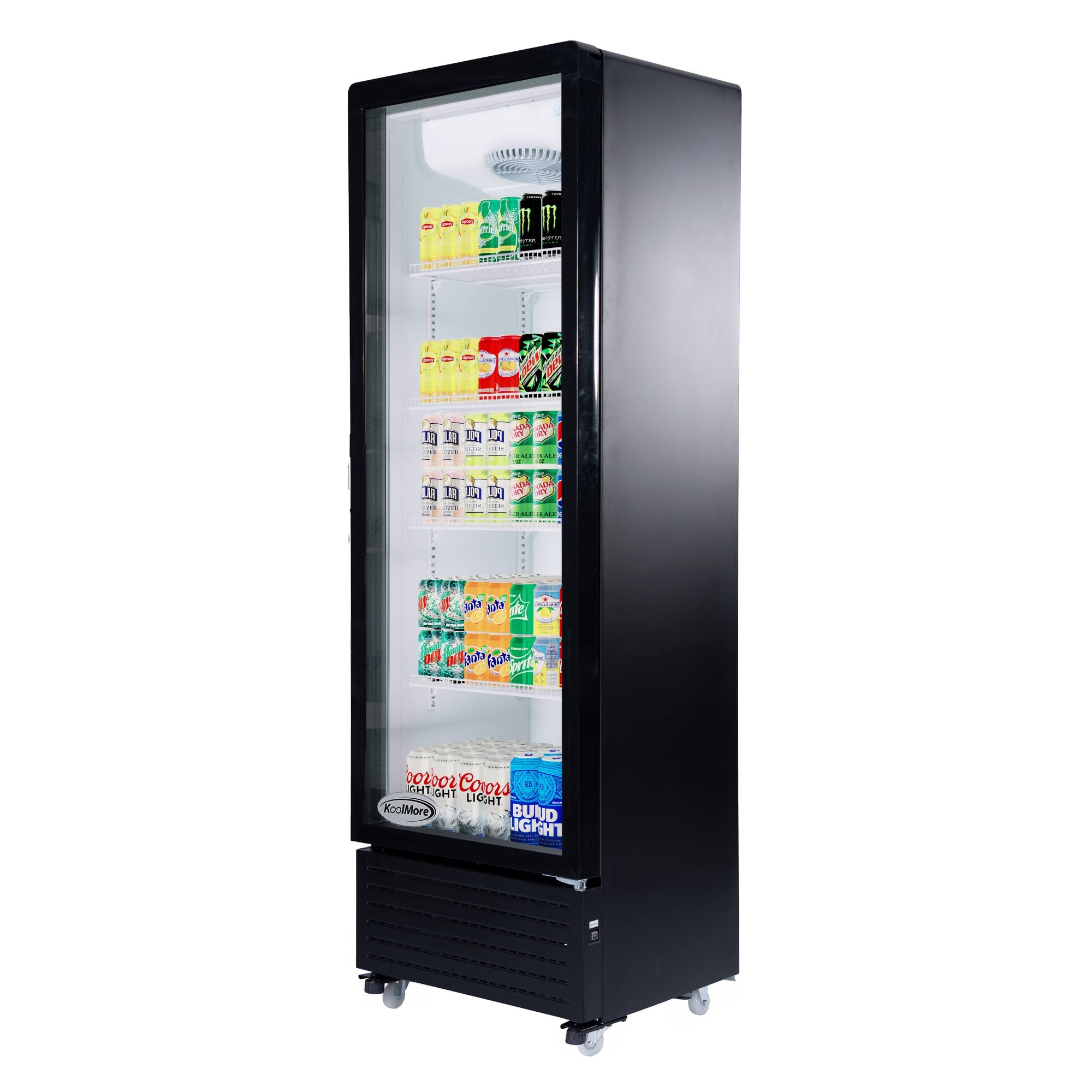 The image features a black refrigerator filled with various drinks, including Kool-Aid and Mountain Dew. The refrigerator is stocked with a total of 15 drinks, offering a wide selection for customers to choose from. The drinks are neatly arranged, making it easy for customers to find their desired beverage.