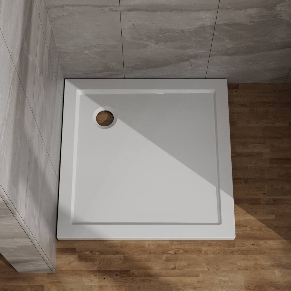 Left. JUJABU - 32x32 in Shower Base, Centered Drain No Threshold Shower Pan, White - White.