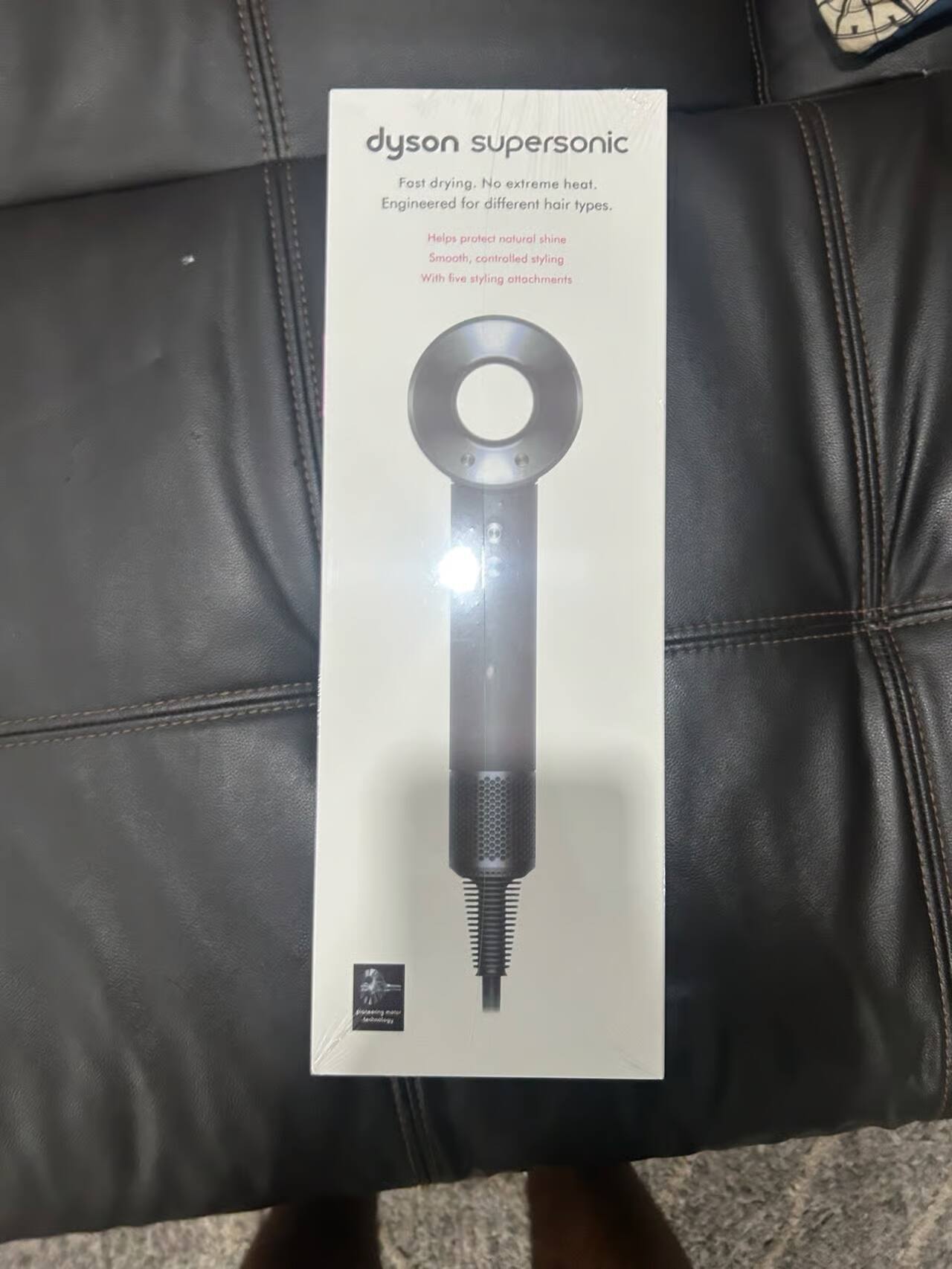 dyson supersonic  
Fast drying. No extreme heat.  
Engineered for different hair types.  
Helps protect natural shine  
Smooth, controlled styling  
With five styling attachments