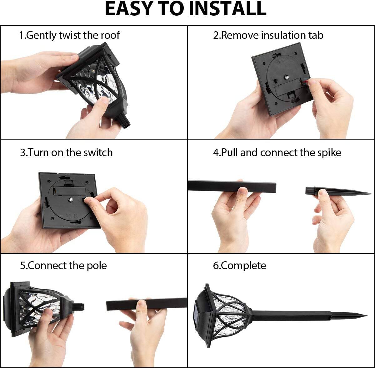 EASY TO INSTALL

1. Gently twist the roof
2. Remove insulation tab
3. Turn on the switch
4. Pull and connect the spike
5. Connect the pole
6. Complete
