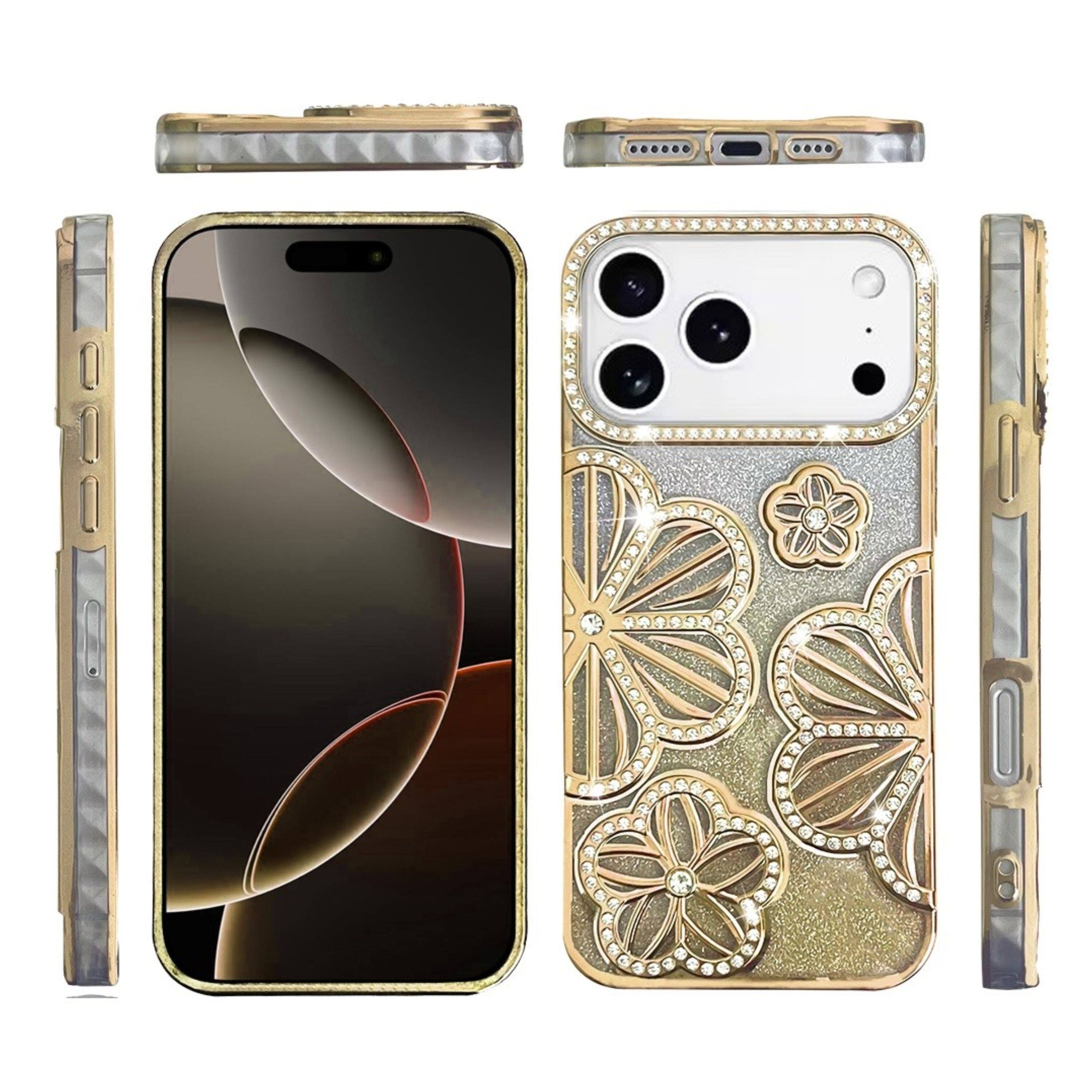 Left. Kitcheniva - 3D Floral Glitter TPU Phone Case With Tempered Glass For iPhone 17 Pro Gold - Gold.