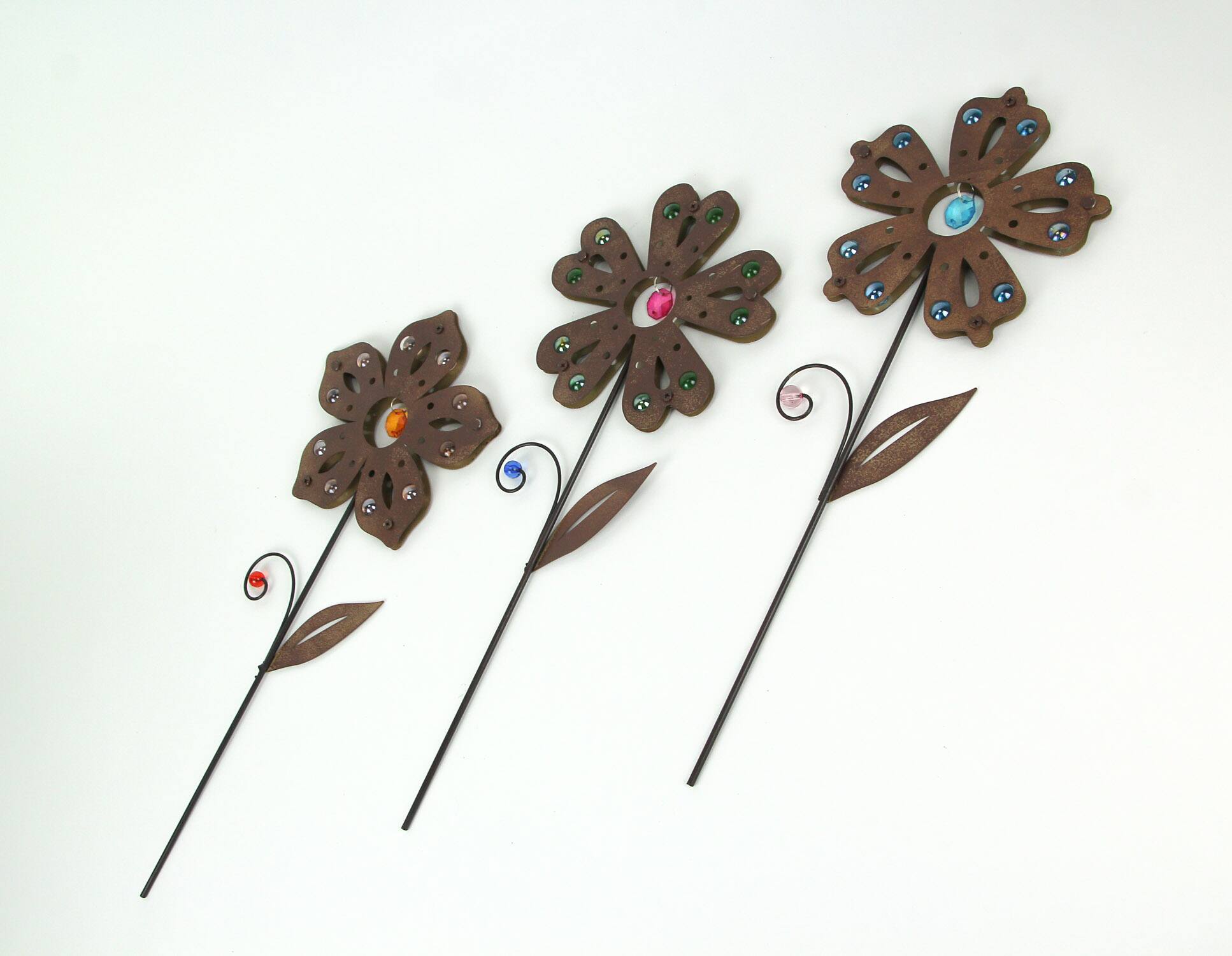 Alt View 1. Zeckos - Set of 3 Rustic Brown Metal Flower Garden Stakes With Colorful Jewel Accents 18 Inches High - Multicolored.