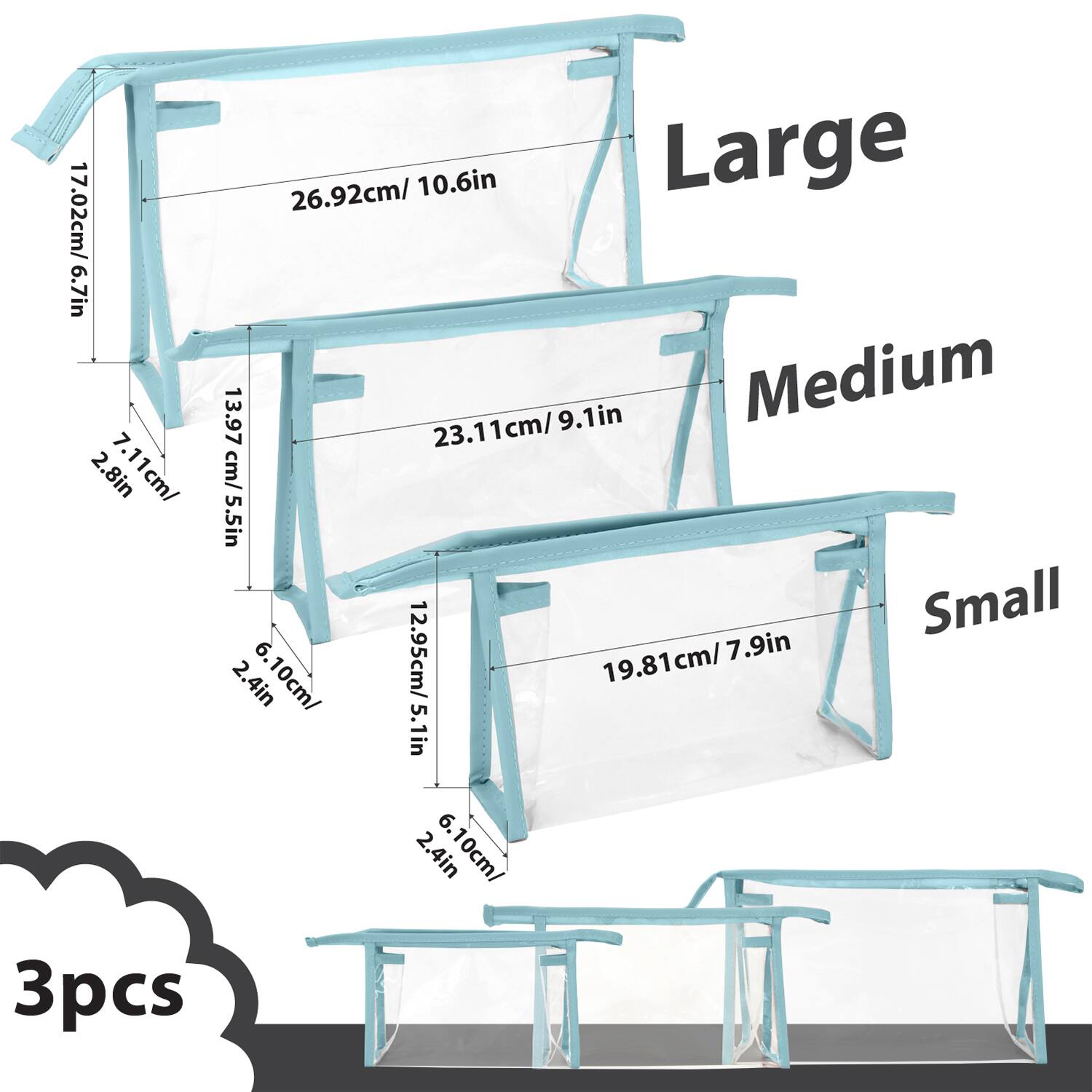 Large  
- 17.02cm / 6.7in  
- 26.92cm / 10.6in  
- 7.11cm / 2.8in  
- 13.97cm / 5.5in  

Medium  
- 23.11cm / 9.1in  
- 12.95cm / 5.1in  
- 6.10cm / 2.4in  

Small  
- 19.81cm / 7.9in  
- 6.10cm / 2.4in  

3pcs