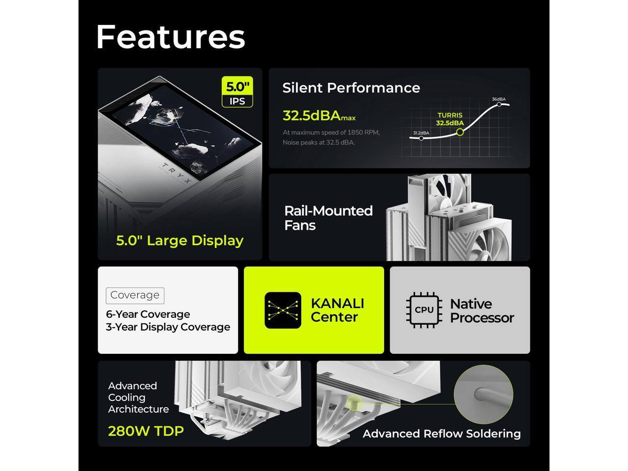Features

- 5.0" IPS
- Silent Performance
  - 32.5dBA max
  - At maximum speed of 1850 RPM, noise peaks at 32.5 dBA.
- Rail-Mounted Fans
- 5.0" Large Display
- Coverage
  - 6-Year Coverage
  - 3-Year Display Coverage
- KANALI Center
- Native CPU Processor
- Advanced Cooling Architecture
  - 280W TDP
- Advanced Reflow Soldering